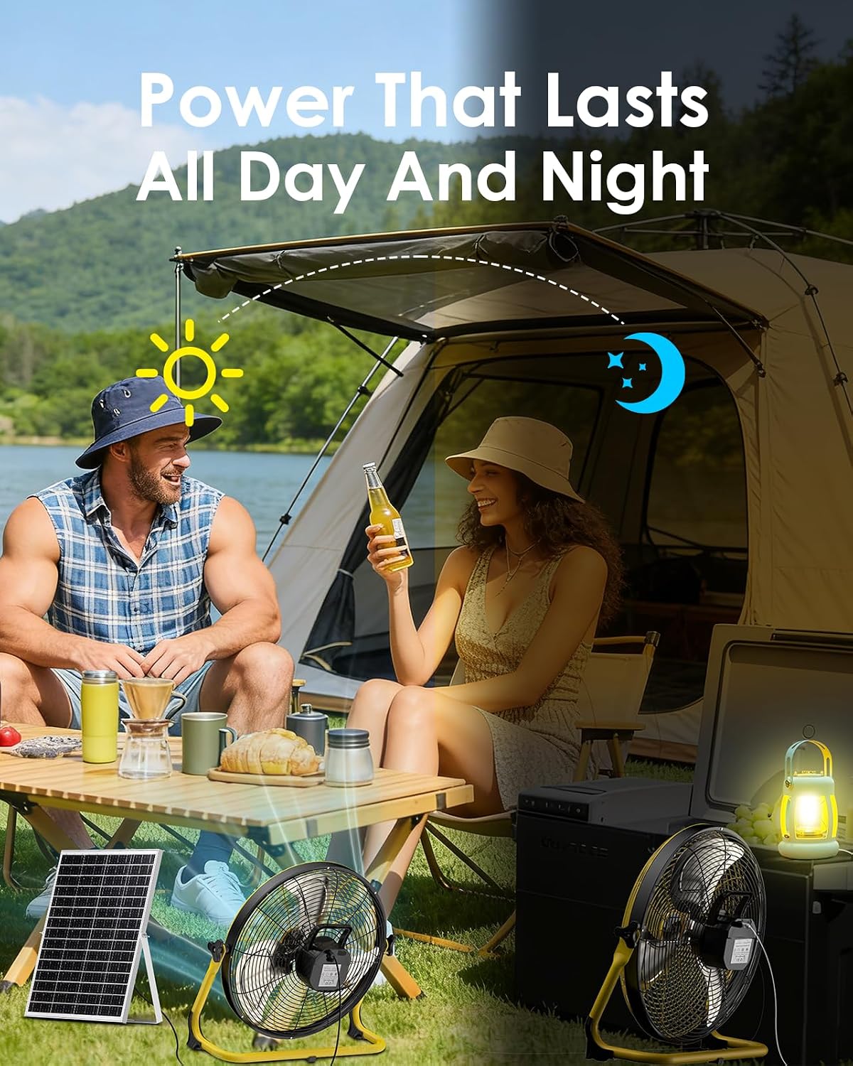 18'' Portable Solar Powered Floor Fan, Cordless Camping Fan Outdoor, Long Lasting Rechargeable Battery Operated Fan, 360° Tilt, USB Output, Wireless, for Home Gazebo Greenhouse Outside Gym