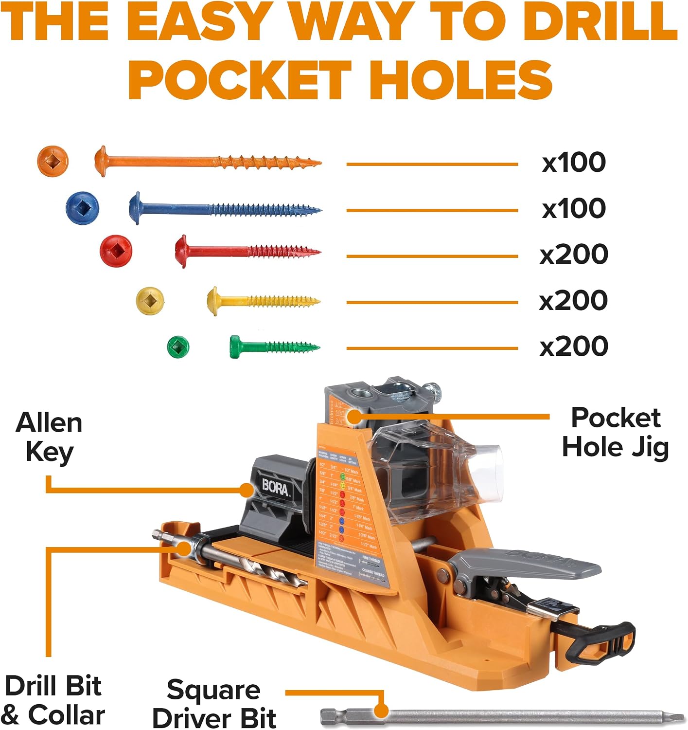 BORA Automatic Pocket Hole Jig with 800 pc Fine Thread Screws, Auto Adjusting Drill Guide, Pocket Hole Jig Kit for Woodworking - For Materials 1/2 inch to 1 1/2 inch Thick, Power Tool Accessory Jigs