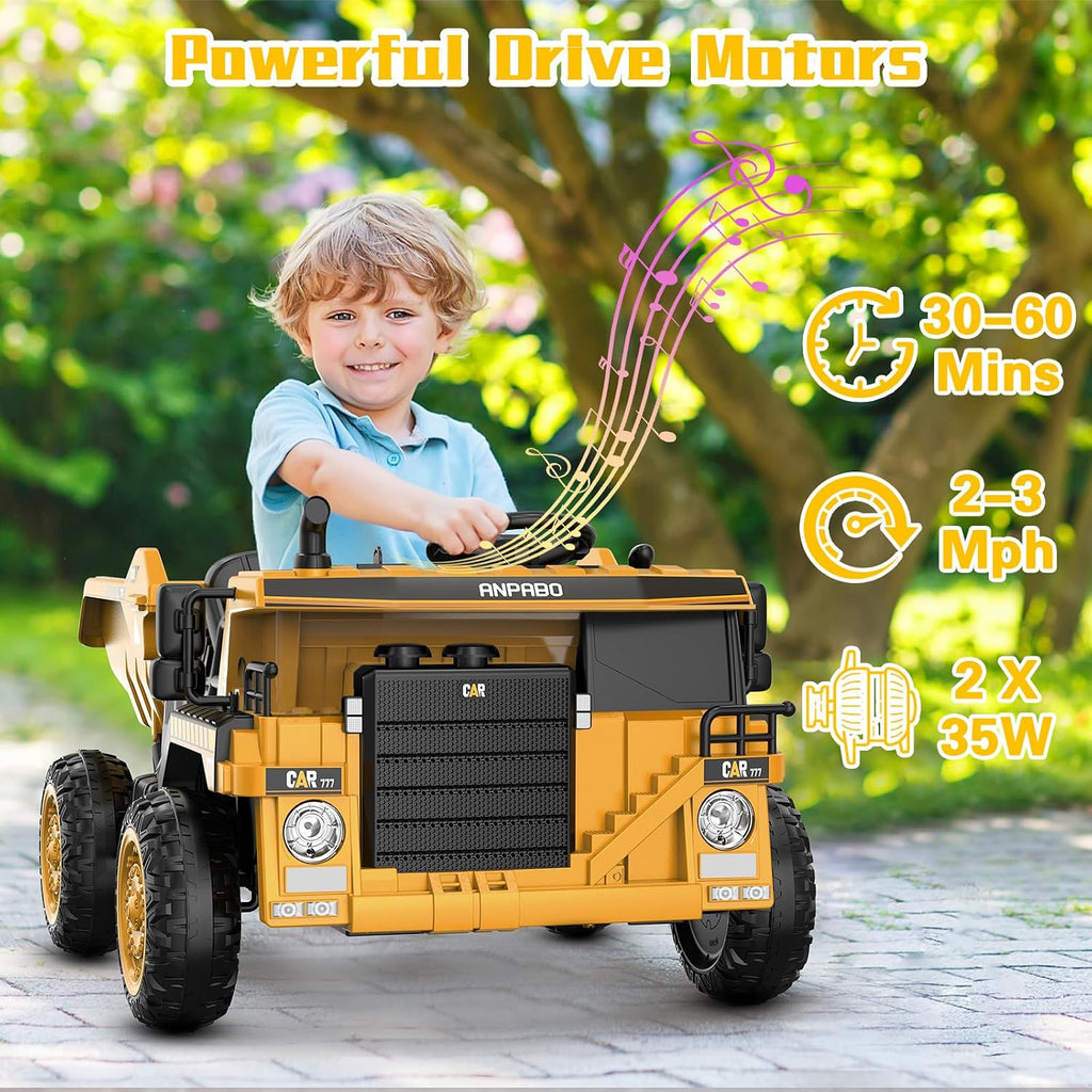 ANPABO Ride on Dump Truck, Ride on Car with Remote Control, Electric Dump Bed and Extra Shovel, Ride on Construction Vehicle with Music Player, Key Start for Safety, Ideal Gift for Kids