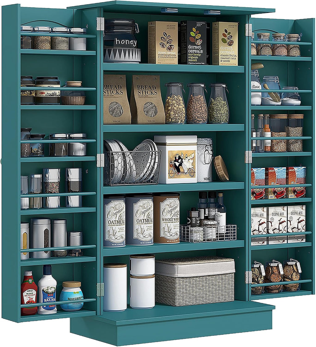 HOMCOM 41' Kitchen Pantry Storage Cabinet, Freestanding Kitchen Cabinet with 12 Door Shelves, Double Doors, 5-Tier Shelving and Adjustable Shelves, Blue