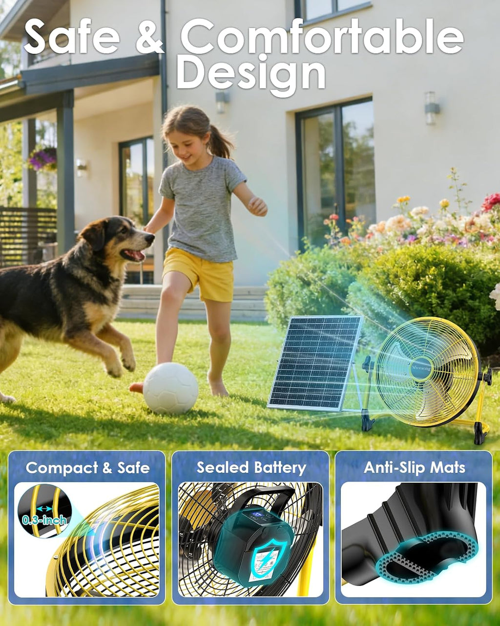 18'' Portable Solar Powered Floor Fan, Cordless Camping Fan Outdoor, Long Lasting Rechargeable Battery Operated Fan, 360° Tilt, USB Output, Wireless, for Home Gazebo Greenhouse Outside Gym