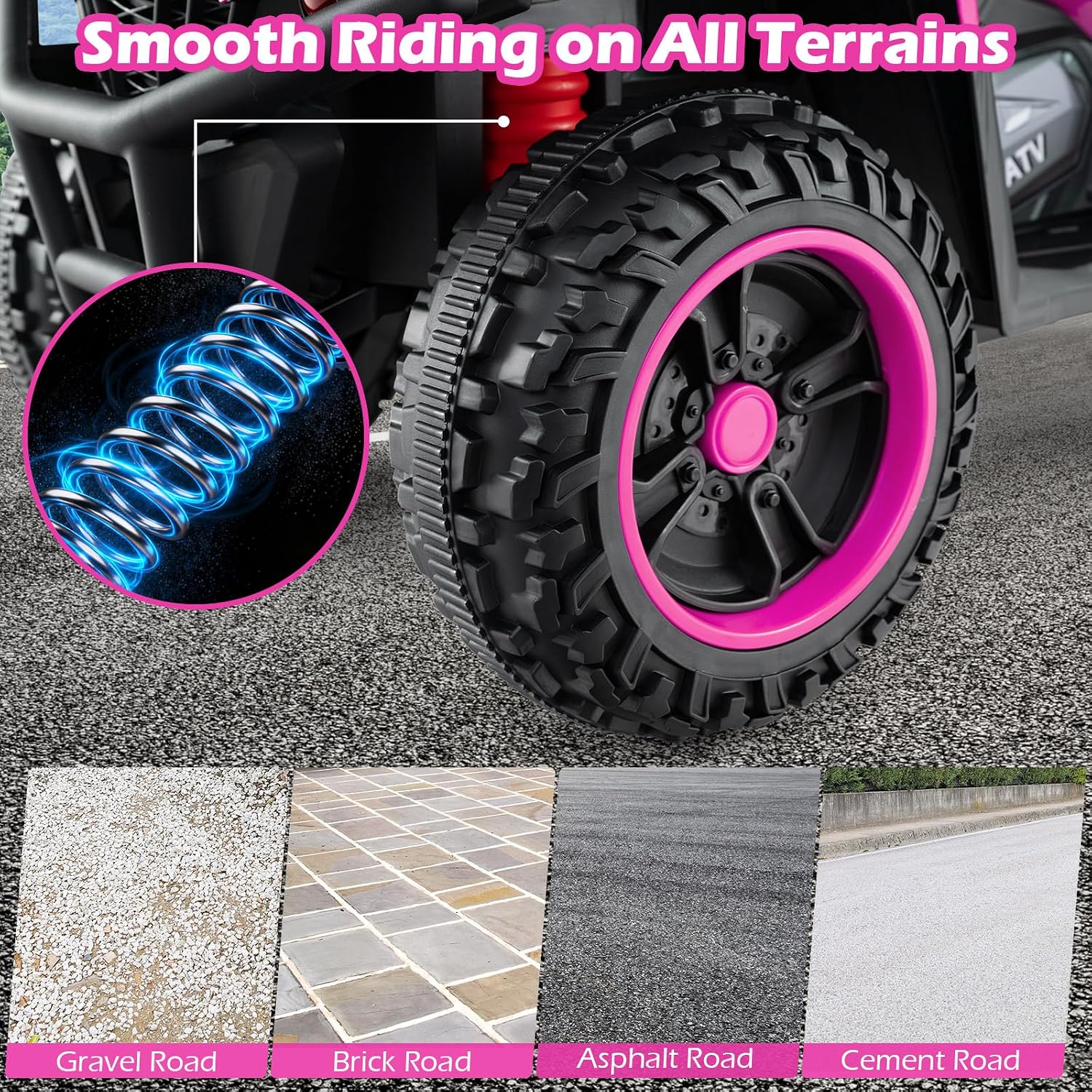 OLAKIDS 12V Kids ATV Quad with 2 Speeds, Spring Suspension, LED Lights, Music & Story Player, Big Tires, 2 Storage Spaces, Ride On Car for Boys Girls Ages 3+ (24V, Light Pink)