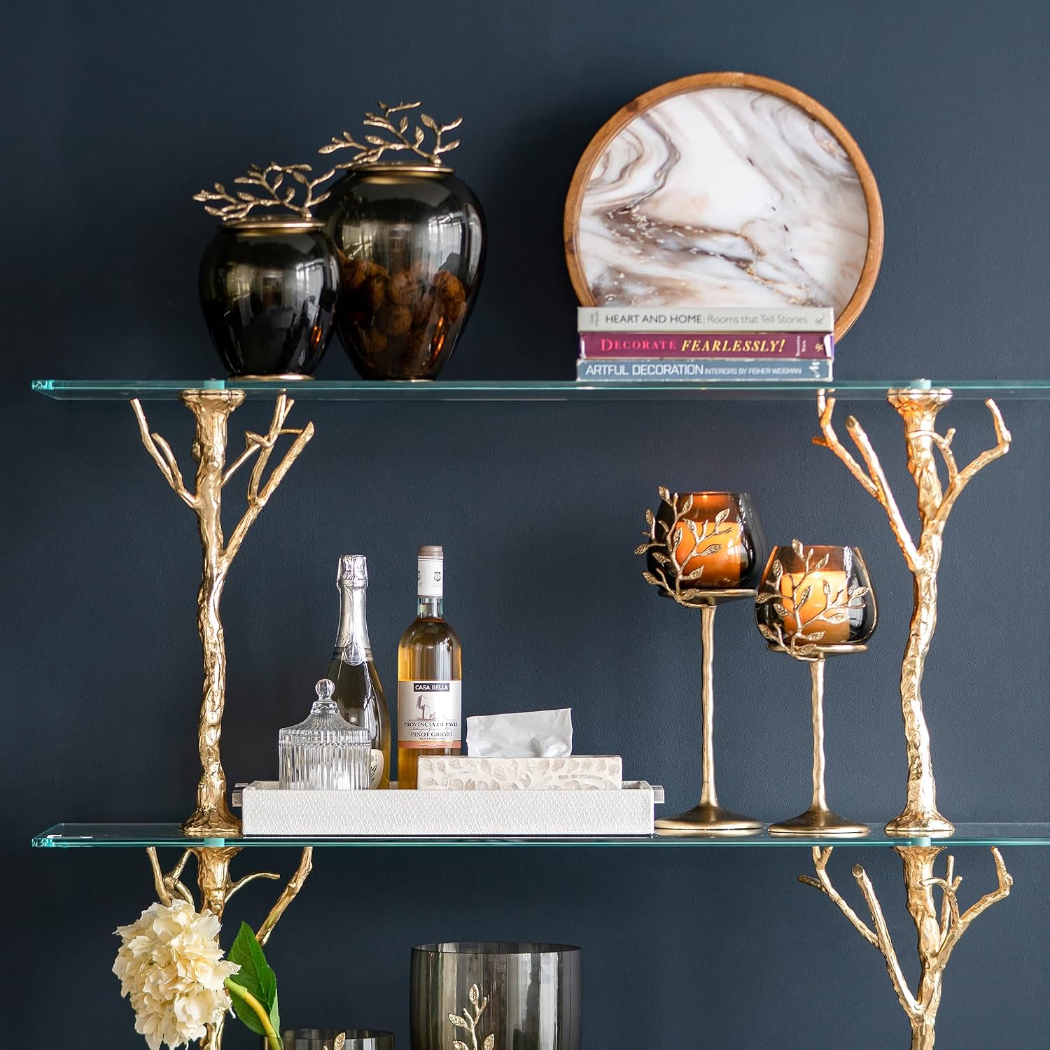 A&B Home Olive Branch Candle Holder - Glass Candle Holder with Gold Metal Base, Decorative Tabletop Lighting, Living Room Coffee Table Accent Piece Dining Table Centerpiece, 6' x 6' x 13'