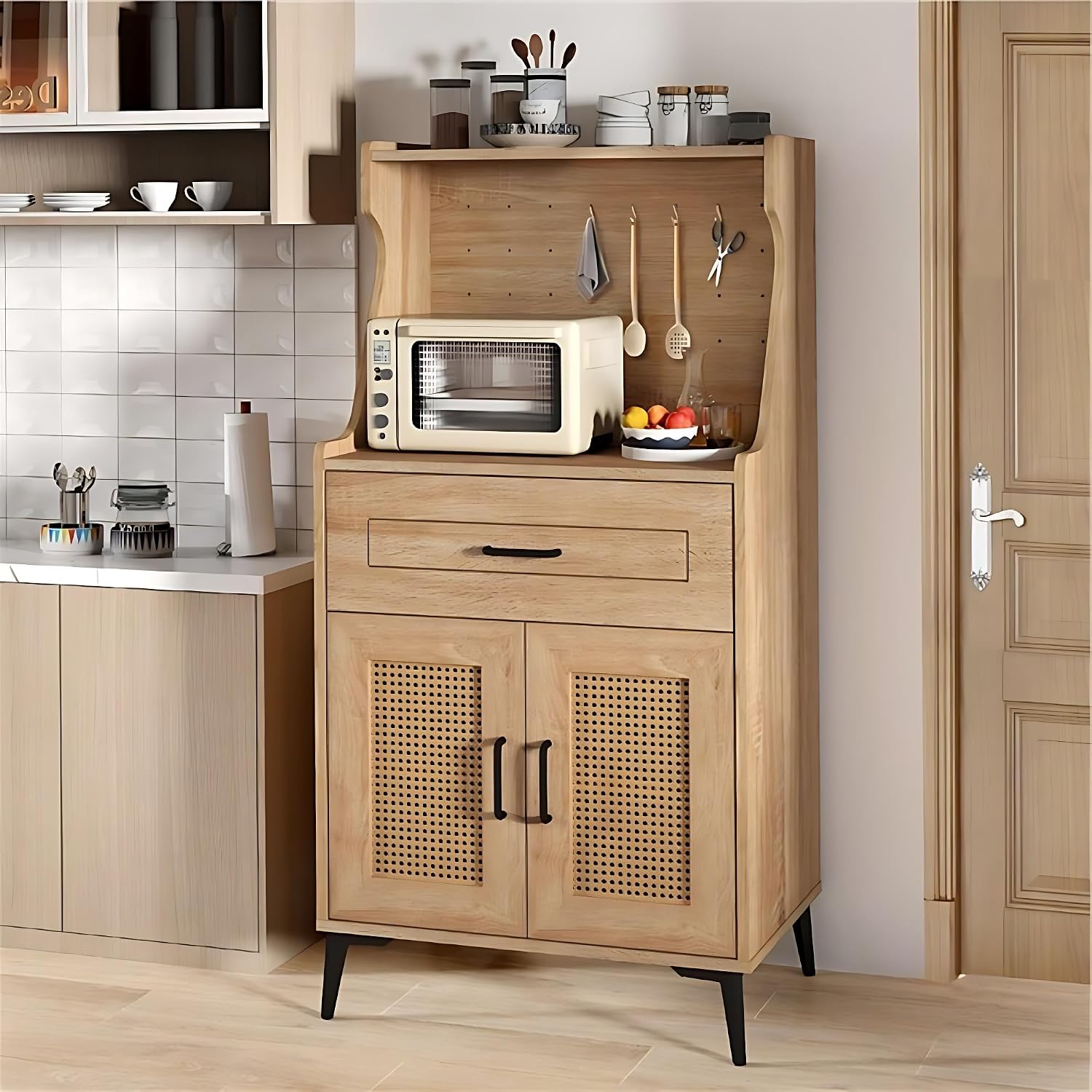 LDAILY Kitchen Pantry Cabinet, Rattan Buffet Cabinet with Hutch, DIY Pegboard, Adjustable Shelf, Drawer, Farmhouse Sideboard Buffet Cabinet with Storage for Coffee Bar, Natural Oak