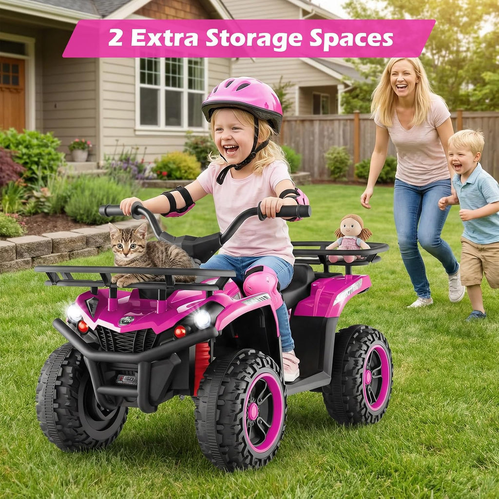 OLAKIDS 12V Kids ATV Quad with 2 Speeds, Spring Suspension, LED Lights, Music & Story Player, Big Tires, 2 Storage Spaces, Ride On Car for Boys Girls Ages 3+ (24V, Light Pink)