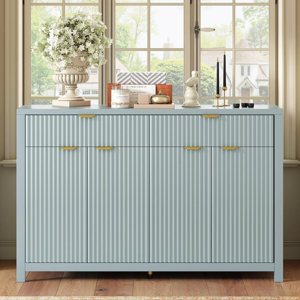 Virubi 55' Fluted Sideboard Buffet Cabinet with Storage Drawers,Doors,Adjustable Shelves and Gold Handles,Wood Modern Sideboard Accent Cabinet for Living Room,Hallway,Entryway (Cyan Green)
