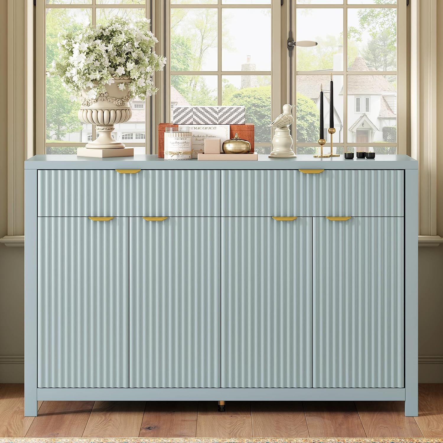 Virubi 55' Fluted Sideboard Buffet Cabinet with Storage Drawers,Doors,Adjustable Shelves and Gold Handles,Wood Modern Sideboard Accent Cabinet for Living Room,Hallway,Entryway (Cyan Green)