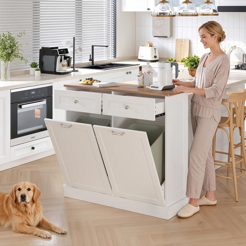 KIGOTY Double Tilt Out Trash Can Cabinet, 20 Gallon Hidden Trash Storage Cabinet with 2 Hideaway Drawers, Freestanding Trash Can for Kitchen, Wooden Laundry Hamper Cabinet, Pet Proof (White-Walnut)