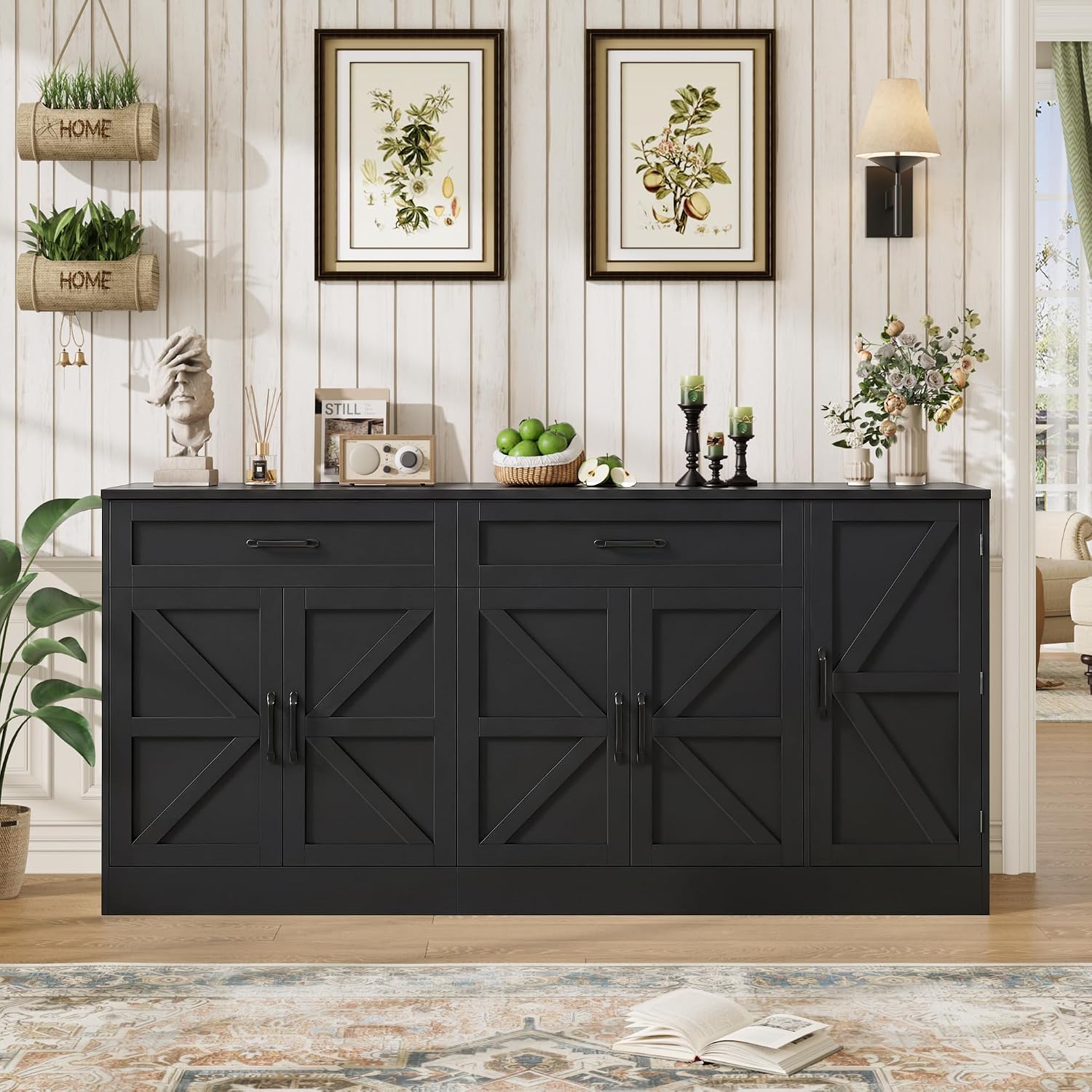 BOTLOG 71' Large Sideboard Buffet Cabinet with Storage, Farmhouse Buffet Cabinet with Adjustable Shelves and 3 Door Shelves, Wood Coffee Bar Console Table for Kitchen, Dining Room (Black)