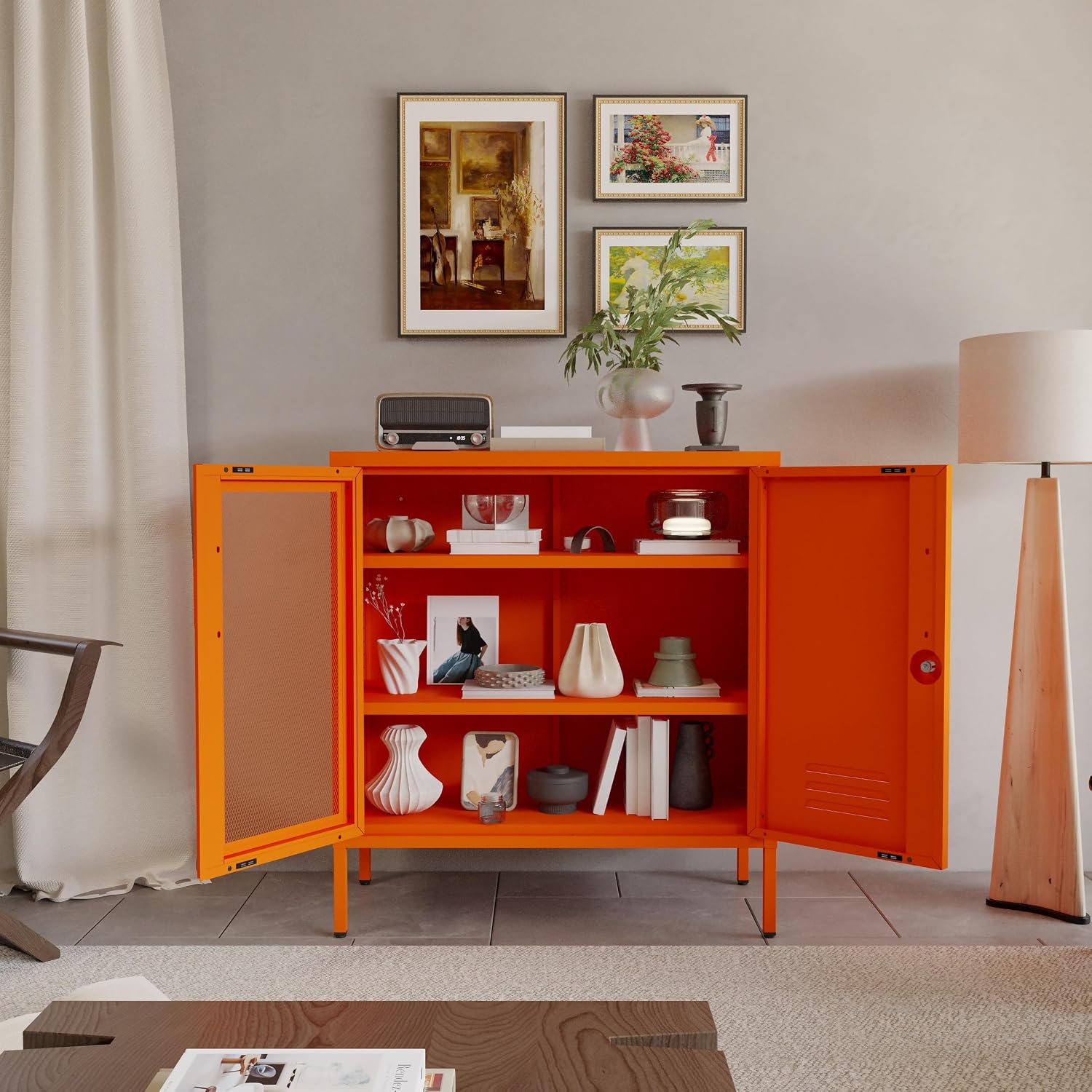 Orange Metal Locker CabinetsMetal Locker Storage Cabinet with Mesh Doors and Adjustable Shelves Coffee Bar Cabinet,Kitchen Pantry Storage Cabinets for Home, Office, Entryway and Hallway