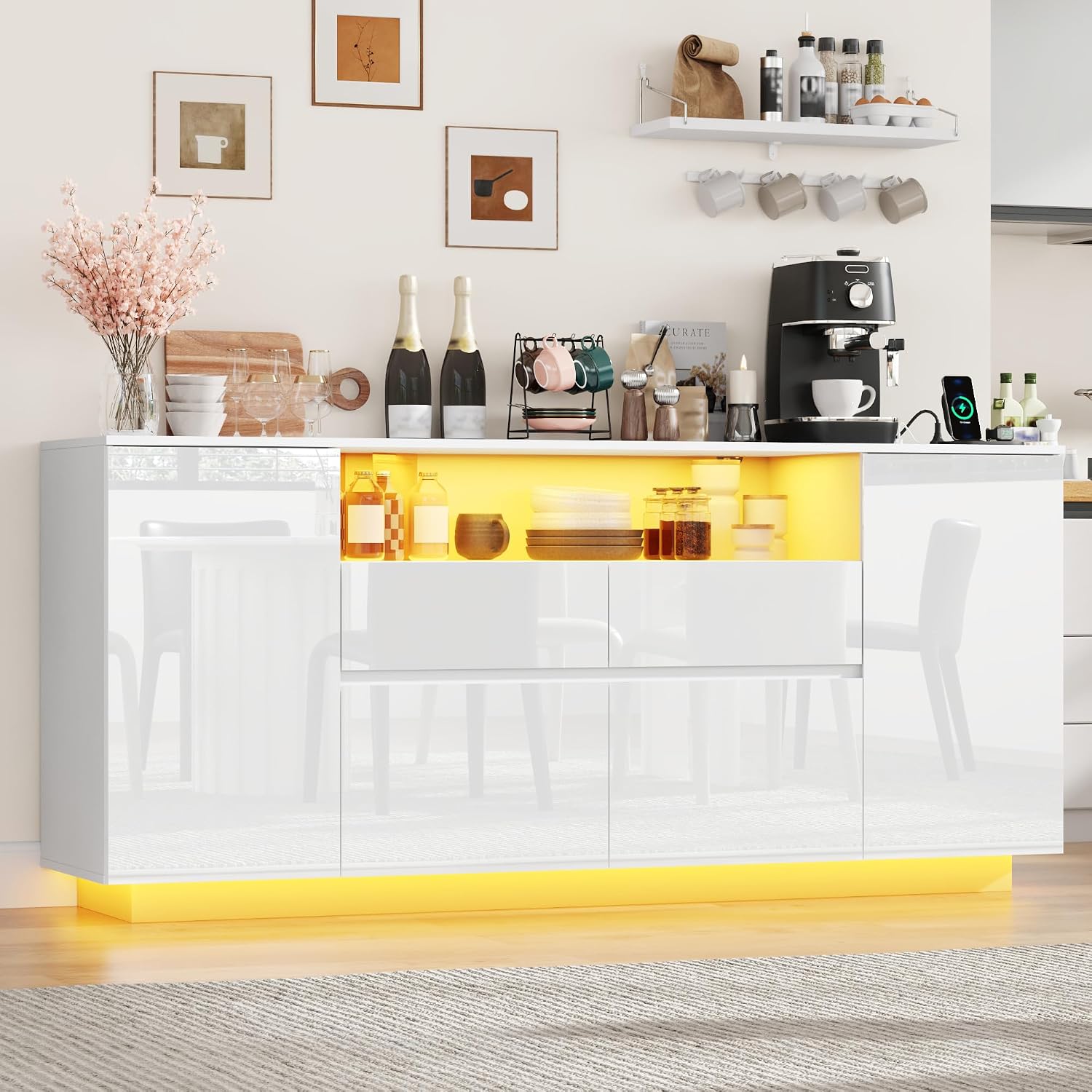 70 Inch Sideboard Buffet Cabinet with Storage, Kitchen Buffet Storage Cabinet with Power Outlets & LED Light, Coffee Bar Console Wine Bar with 2 Drawers & Door Shelves for Living Room, Kitchen, White