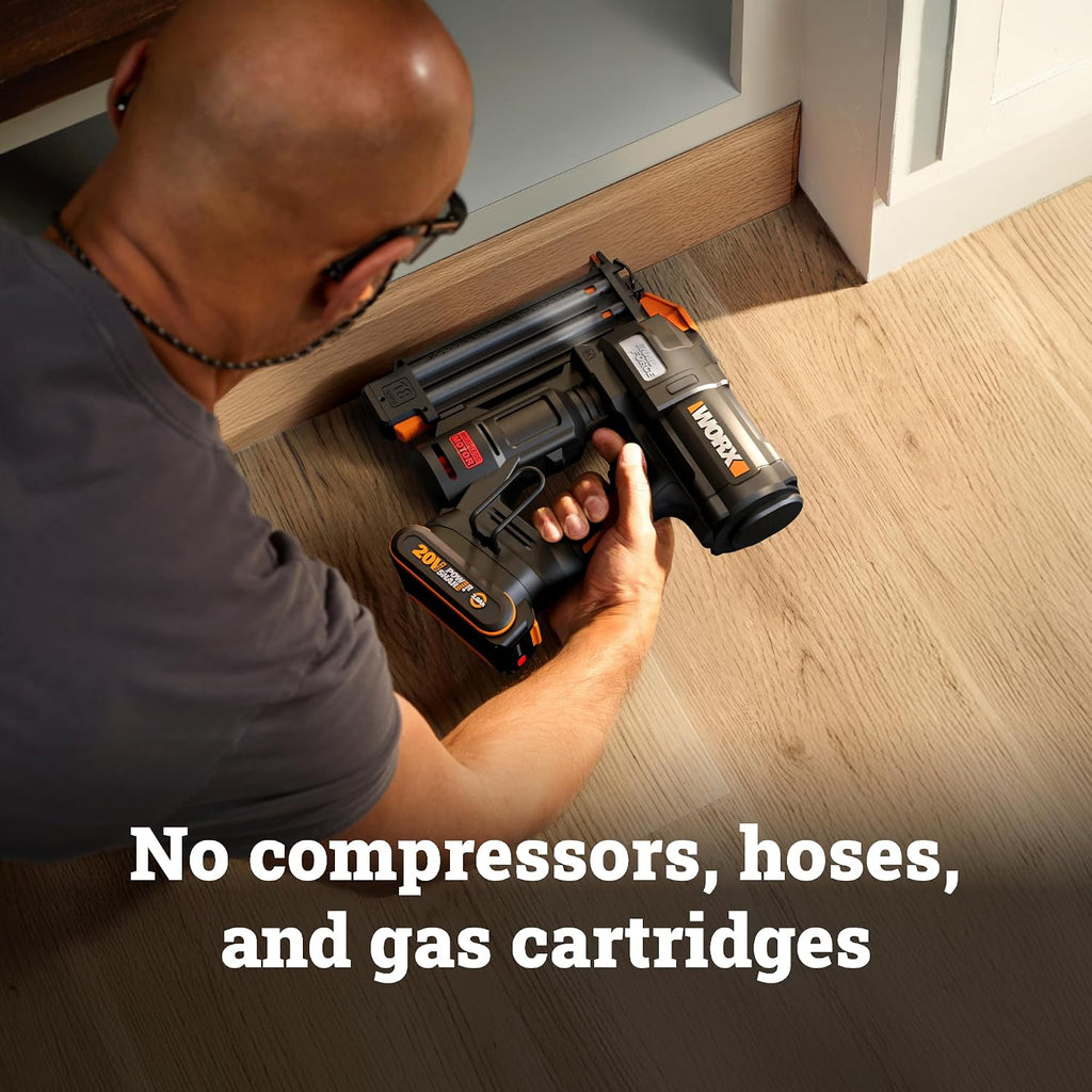 WORX Brad Nailer Cordless, 20V 18 ga Brushless Nail Gun Cordless, High Driving Power, Up to 2-⅛' into Hardwood, Narrow Nose, 3 LEDs, 3000 Nails & 20V 2.0 Ah Battery and Charger Included, PowerShare