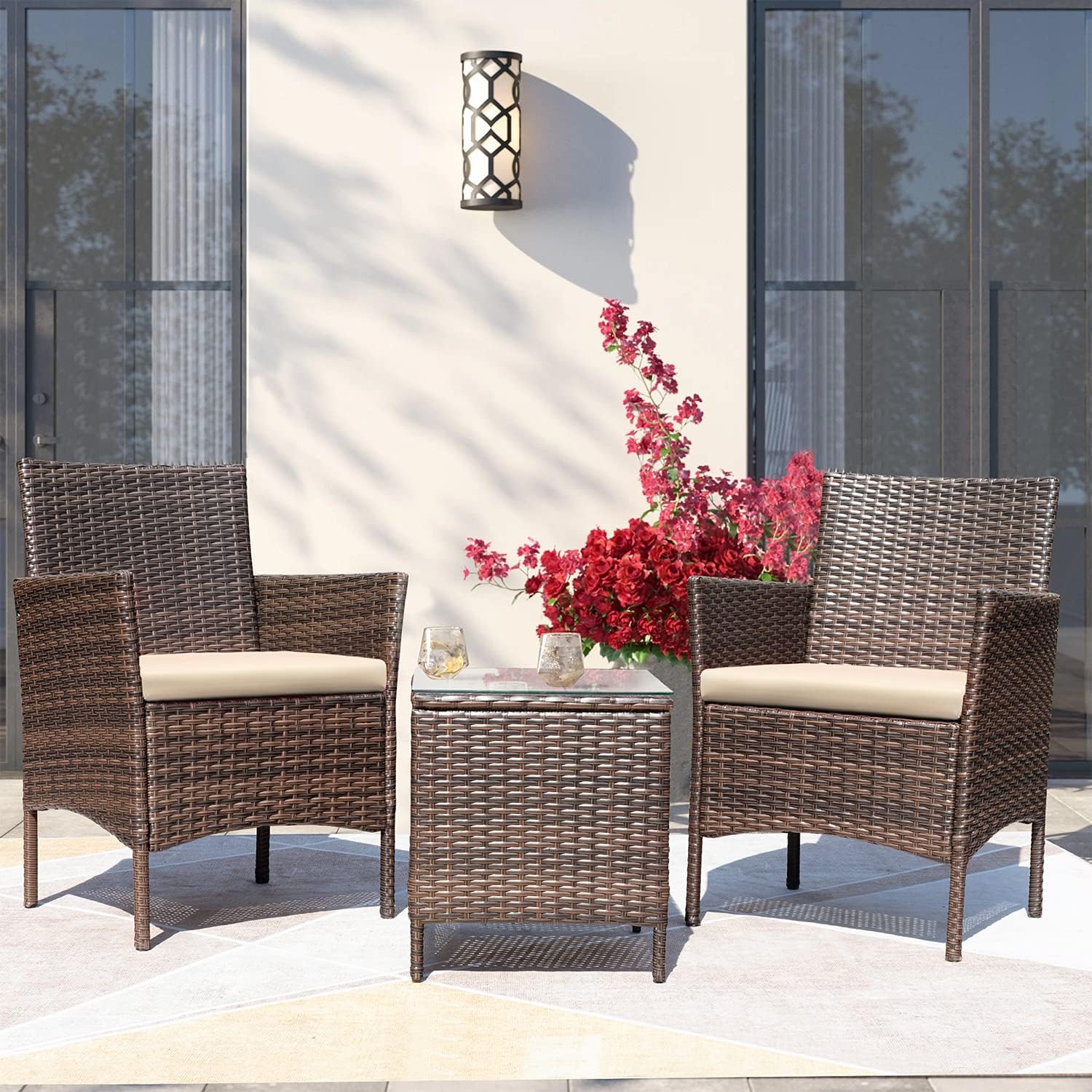 Greesum 3 Pieces Patio Furniture PE Rattan Wicker Chair Conversation Set, Brown and Beige & Keter Marvel Plus 71 Gallon Resin Deck Box-Organization and Storage