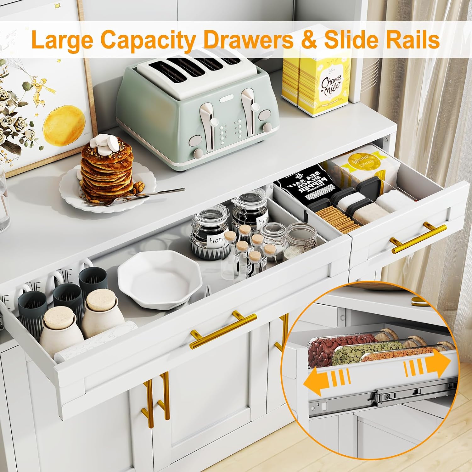 GAIOUS 71' Metal Kitchen Pantry Cabinet, Buffet Sideboard with Drawers | 6 Doors 4 Adjustable Shelves Open Countertop Charging Cable Hole Coffee Bar Cabinet Cupboard for Dining Living White