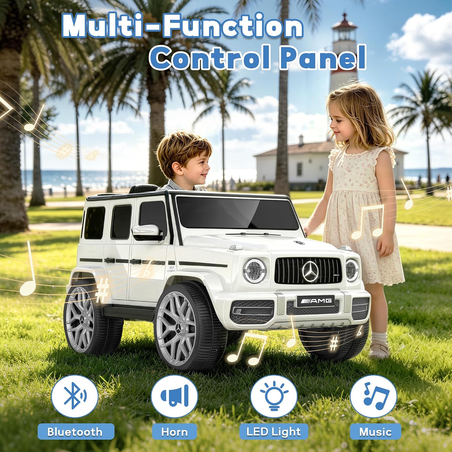 Licensed Mercedes Benz G63 Kids Electric Car, 12V G Wagon Ride on Car w/Safety High Window, Remote Control, 3 Speeds, Music Player, Horn & LED Lights for Toddlers (White)