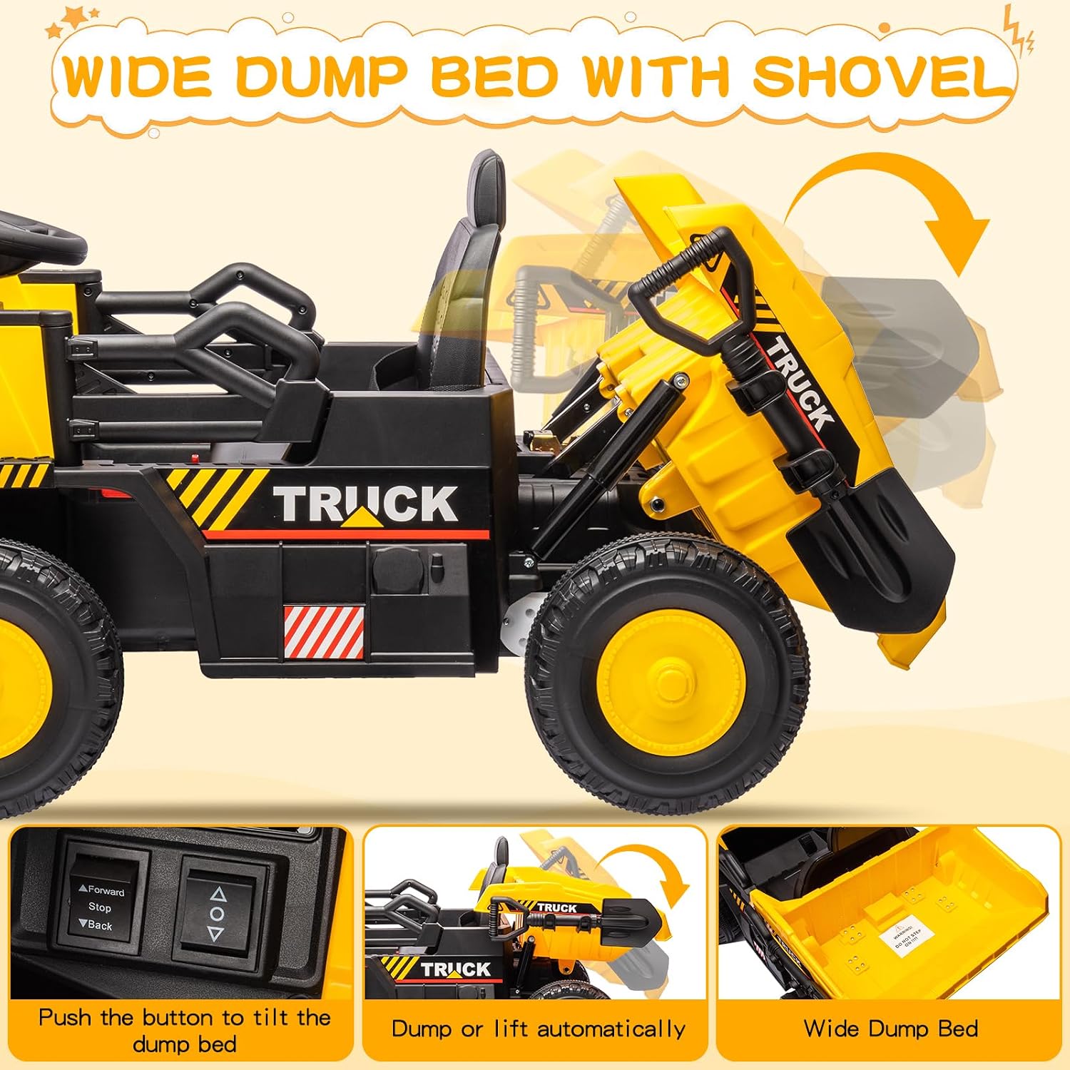 Ride on Dump Truck, 12v Ride on Construction Car for Kids with Remote Control,Electric Dump Bed and Extra Shovel, Construction Truck,Music Player, LED Lights for Toddlers-Yellow