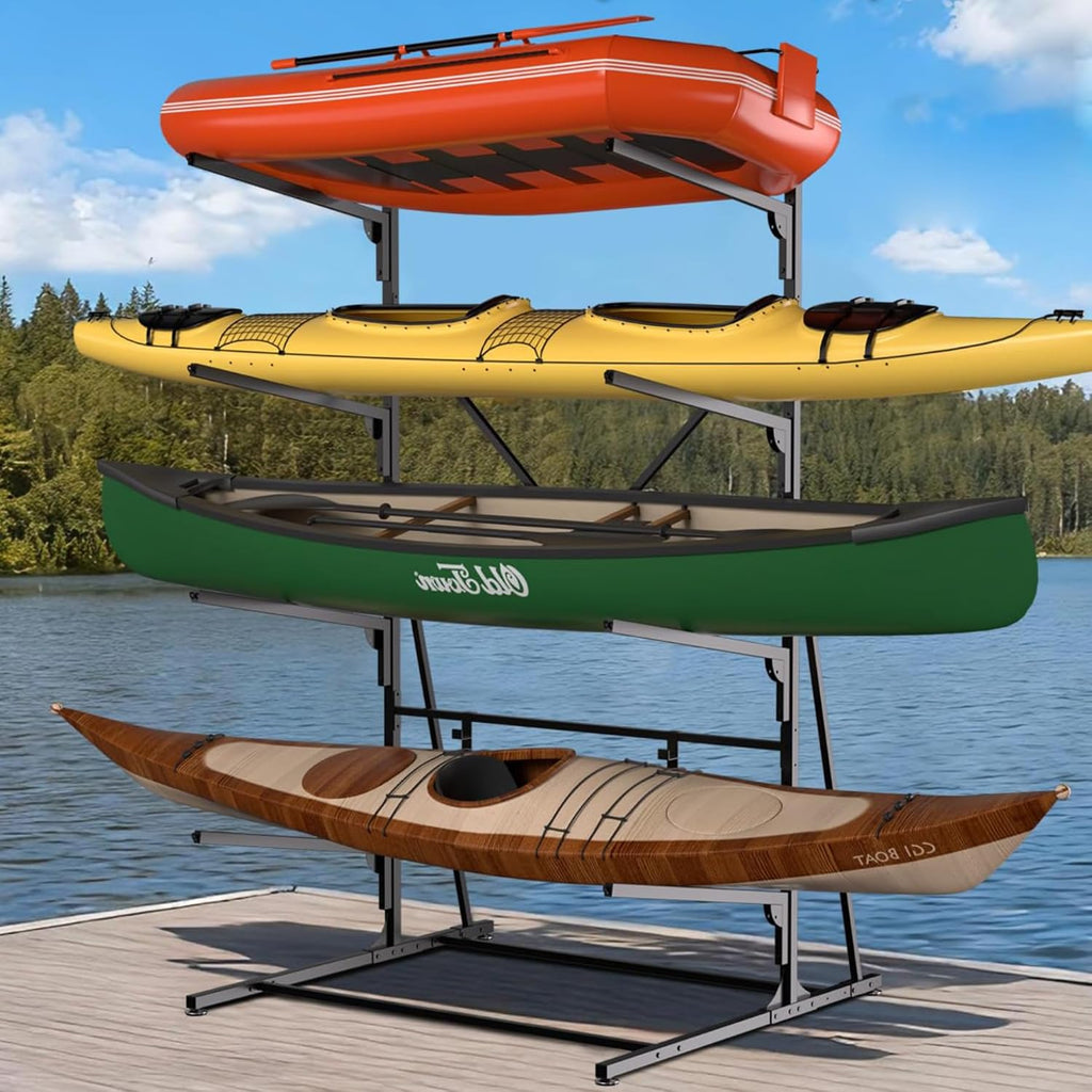 Takywep 4 Layers Kayak Storage Rack, Heavy Duty Metal Freestanding Outdoor Storage Rack for Canoe, Surfboard, Paddleboard and Skis Stand, Adjustable Hanger Kayak Rack for Garage, Easy to Assemble
