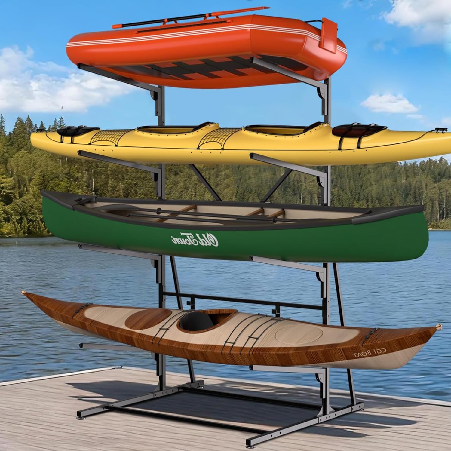 Takywep 4 Layers Kayak Storage Rack, Heavy Duty Metal Freestanding Outdoor Storage Rack for Canoe, Surfboard, Paddleboard and Skis Stand, Adjustable Hanger Kayak Rack for Garage, Easy to Assemble