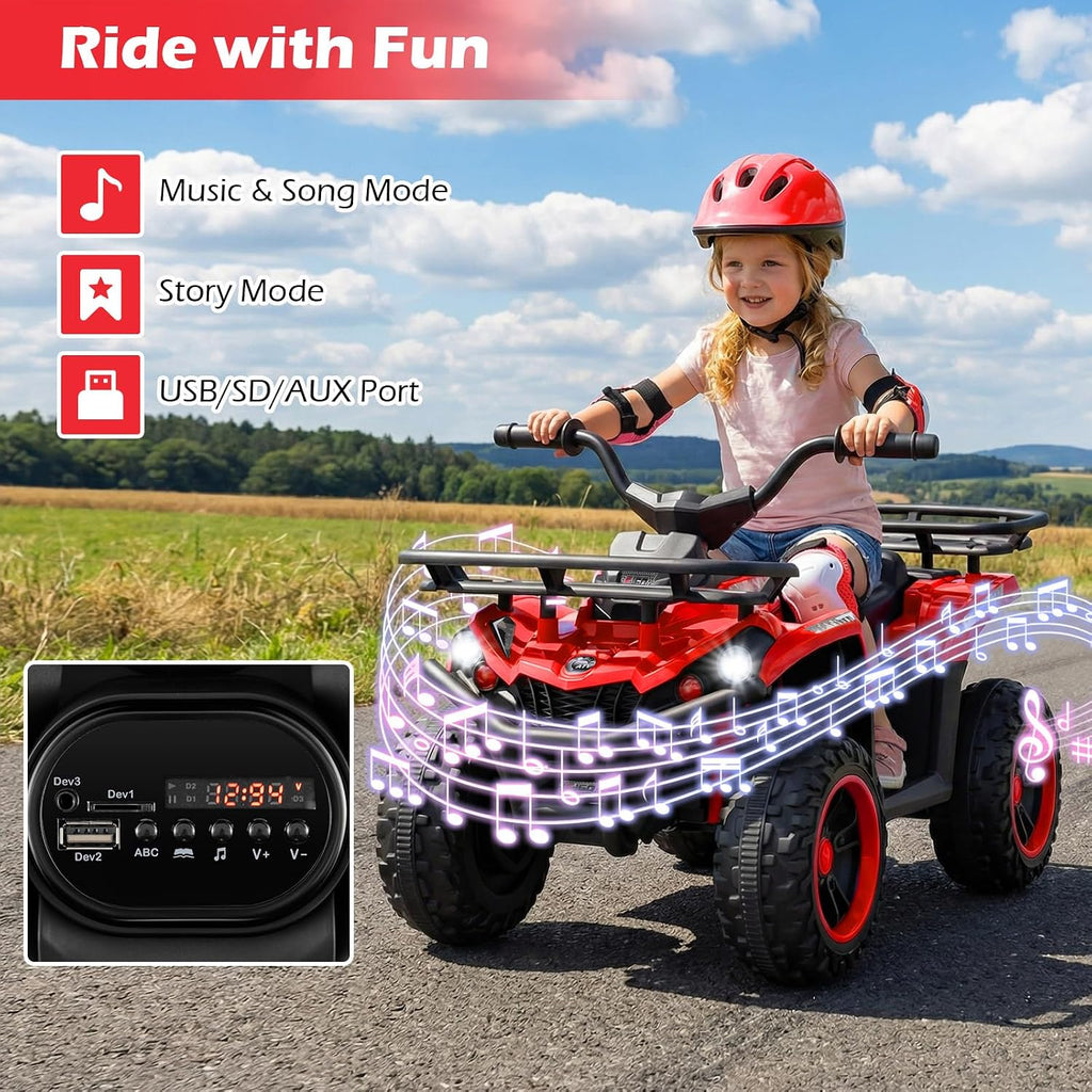 OLAKIDS 12V Kids ATV Quad with 2 Speeds, Spring Suspension, LED Lights, Music & Story Player, Big Tires, 2 Storage Spaces, Ride On Car for Boys Girls Ages 3+ (12V, Red)
