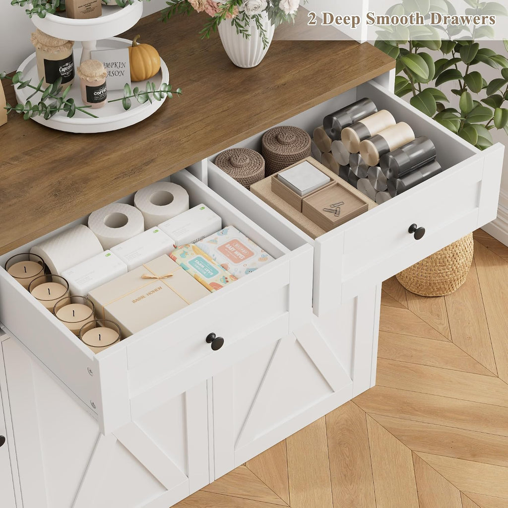 HOSTACK 12.5 Gallon Kitchen Trash Cabinet, 47' Double Trash Can Cabinet, Large Pull Out Can Storage Drawers, Wood Farmhouse Hidden Garbage Storage Buffet for Kitchen, Dining Room, White
