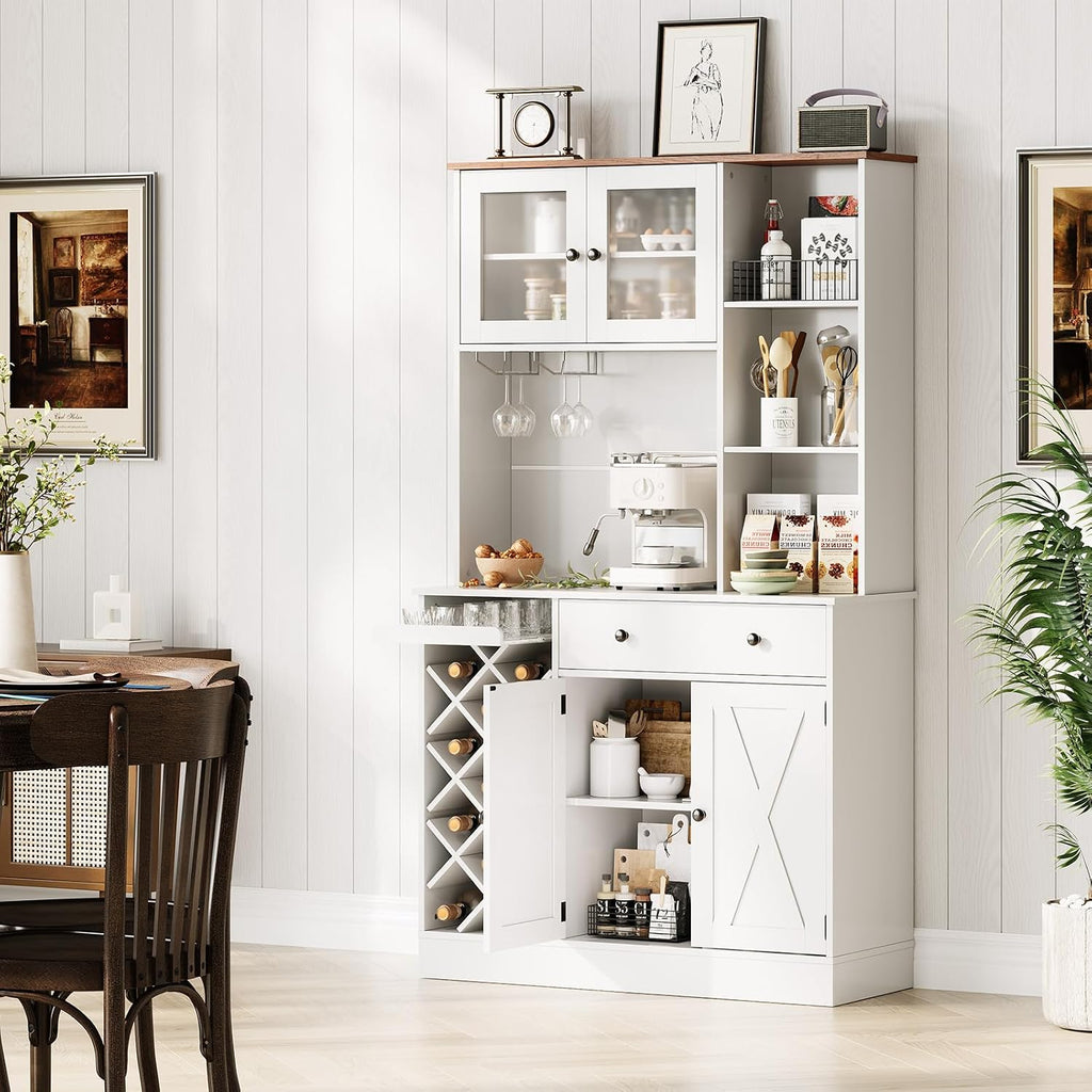 Coffee Bar Cabinet with Power Outlet & Exquisite Barn Doors, Sideboard Buffet Cabinet with Wine Bottle Rack, Storage Cabinet for Kitchen, Dining Room