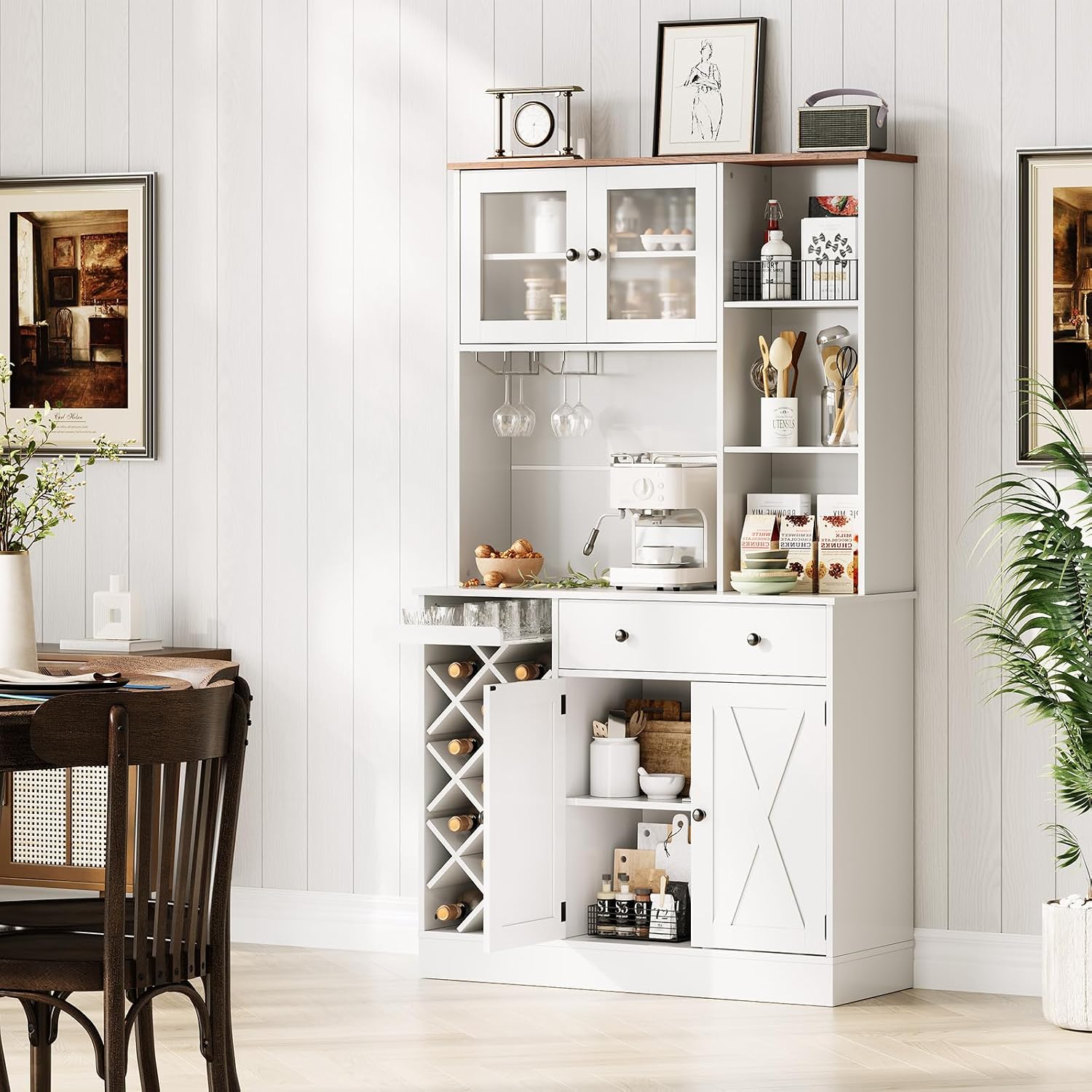 Coffee Bar Cabinet with Power Outlet & Exquisite Barn Doors, Sideboard Buffet Cabinet with Wine Bottle Rack, Storage Cabinet for Kitchen, Dining Room