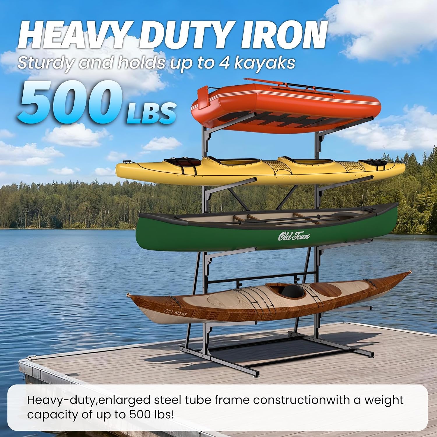 Takywep 4 Layers Kayak Storage Rack, Heavy Duty Metal Freestanding Outdoor Storage Rack for Canoe, Surfboard, Paddleboard and Skis Stand, Adjustable Hanger Kayak Rack for Garage, Easy to Assemble
