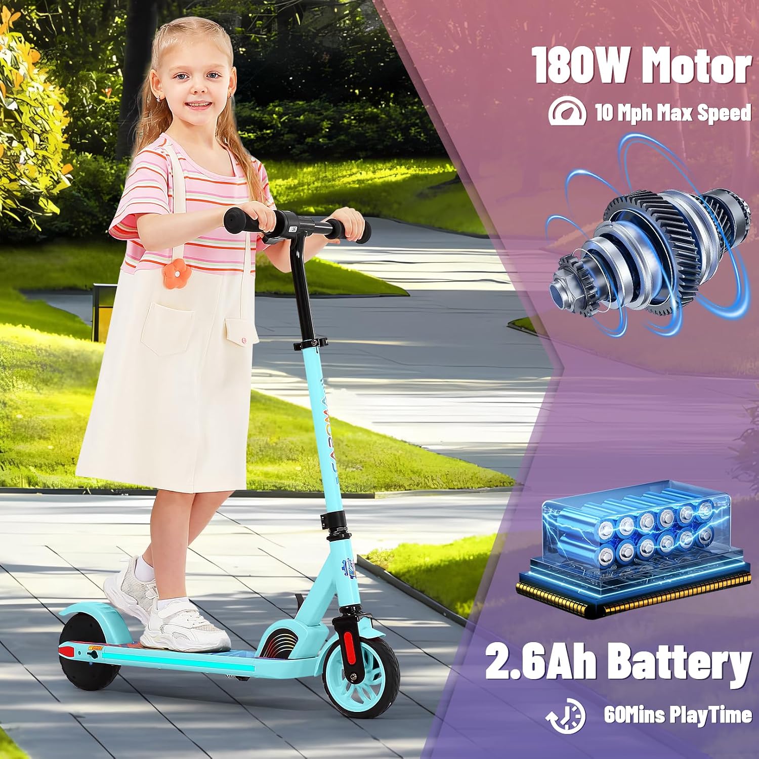 Caroma E35 Kids Electric Scooter for Ages 8-12, 150W Motor Up to 7 Miles Range & 10 MPH Speed, LED Display, Colorful Rainbow Lights, Adjustable Height, Foldable & Lightweight Design