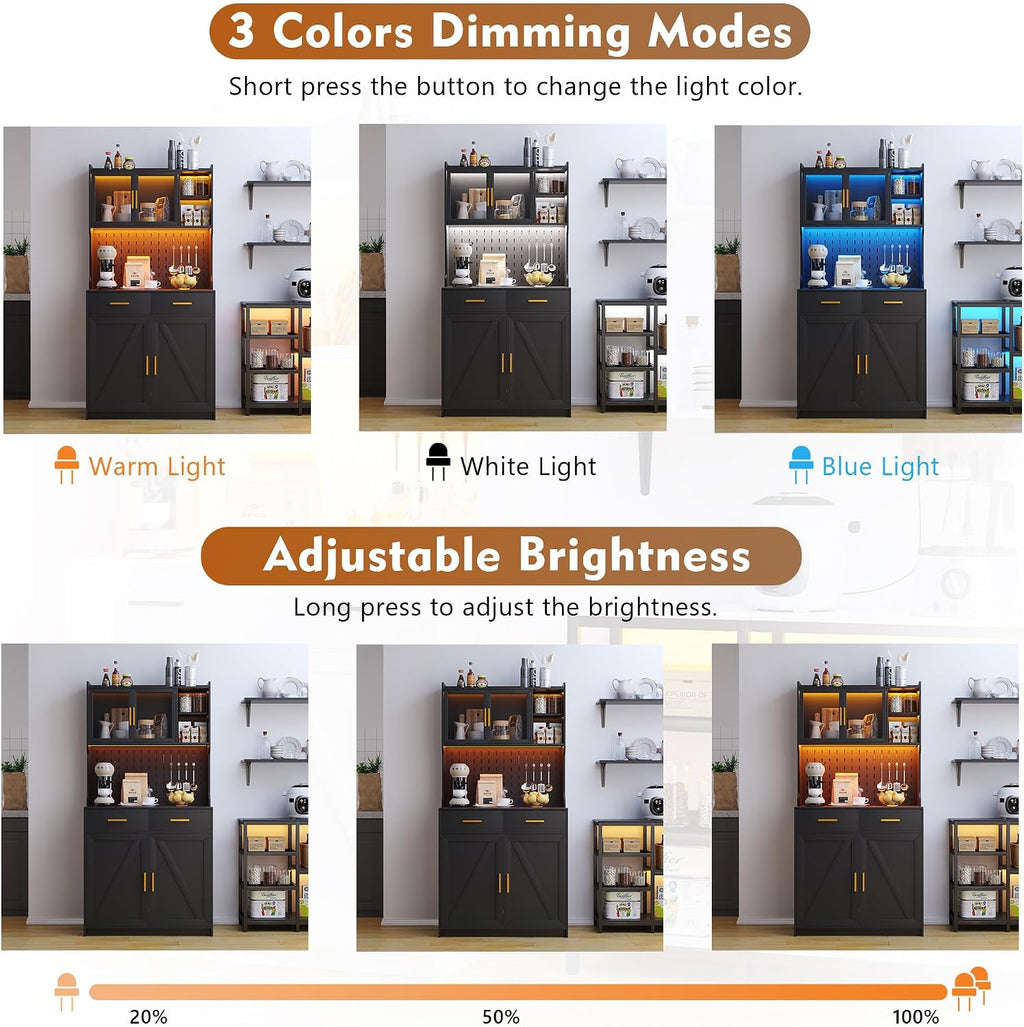 LED Kitchen Pantry Cabinet with Outlets, Farmhouse Storage Cabinet with Drawers & Adjustable Shelves, 64' Tall Cupboard with Pegboard & Hooks for Dining Room, Living Room