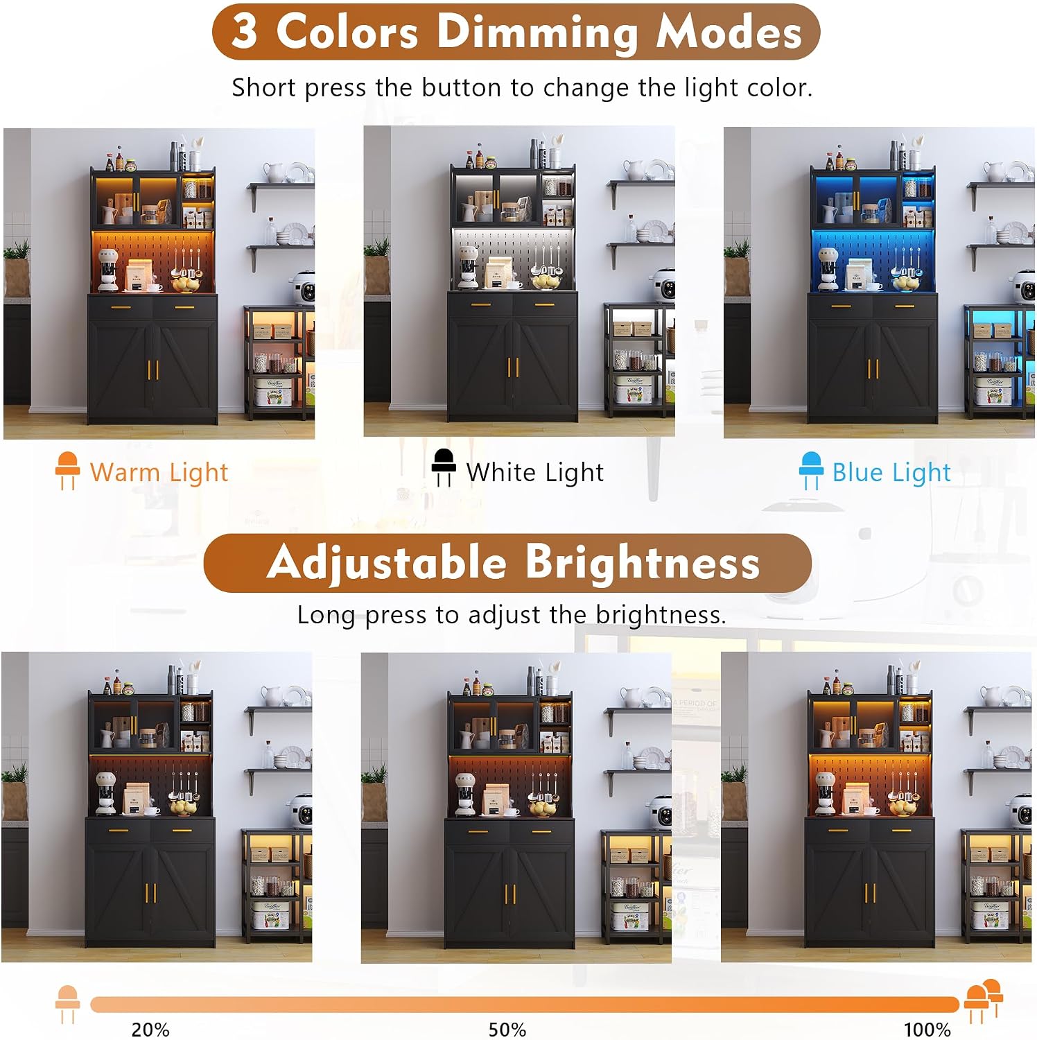LED Kitchen Pantry Cabinet with Outlets, Farmhouse Storage Cabinet with Drawers & Adjustable Shelves, 64' Tall Cupboard with Pegboard & Hooks for Dining Room, Living Room