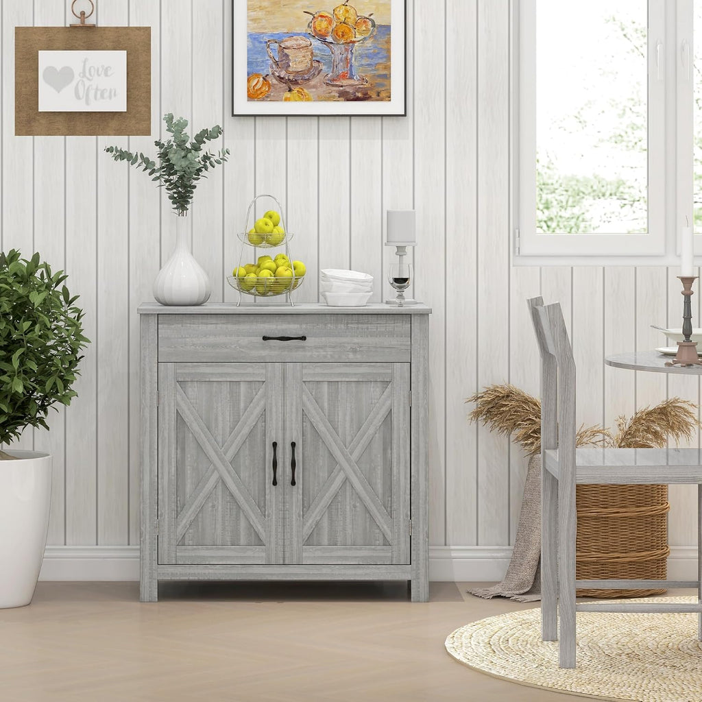 HOMCOM Farmhouse Sideboard Buffet Cabinet, Barn Door Coffee Bar Cabinet with Drawer and Adjustable Shelf for Kitchen, Living Room, Entryway, Stone Gray