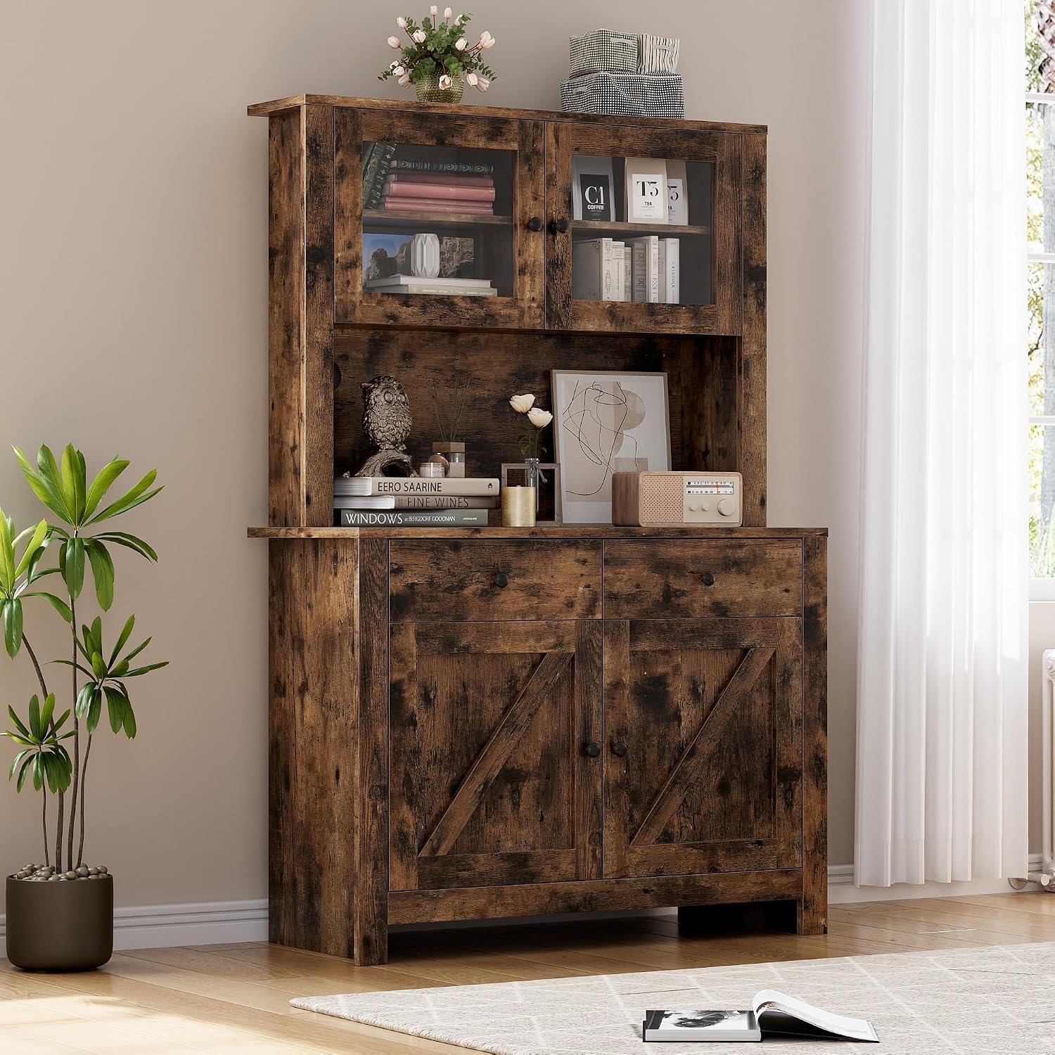 63' Tall Farmhouse Kitchen Pantry Cabinet with Microwave Stand, Freestanding Pantry Hutch Cabinet with Adjustable Shelves, Drawers & Countertop, Buffet Cupboard for Dining&Living Room Storage, Retro