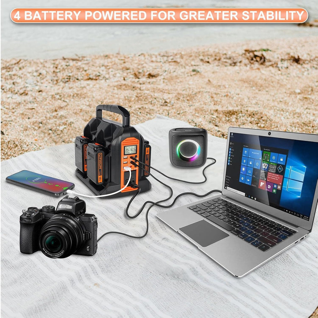 DC 20V to AC 120V Power Inverter for Black and Decker 20V Battery, 350W Pure Sine Wave Power Portable Inverter Converter with LCD Display and LED Light, 4 Battery Port