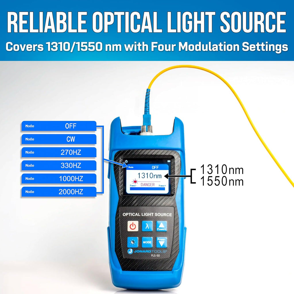 Jonard Tools FLS-50 Fiber Optic Light Source with Included FC/SC/LC (PC/UPC) Adapters for Single Mode Fiber Measurements (2025 Model)