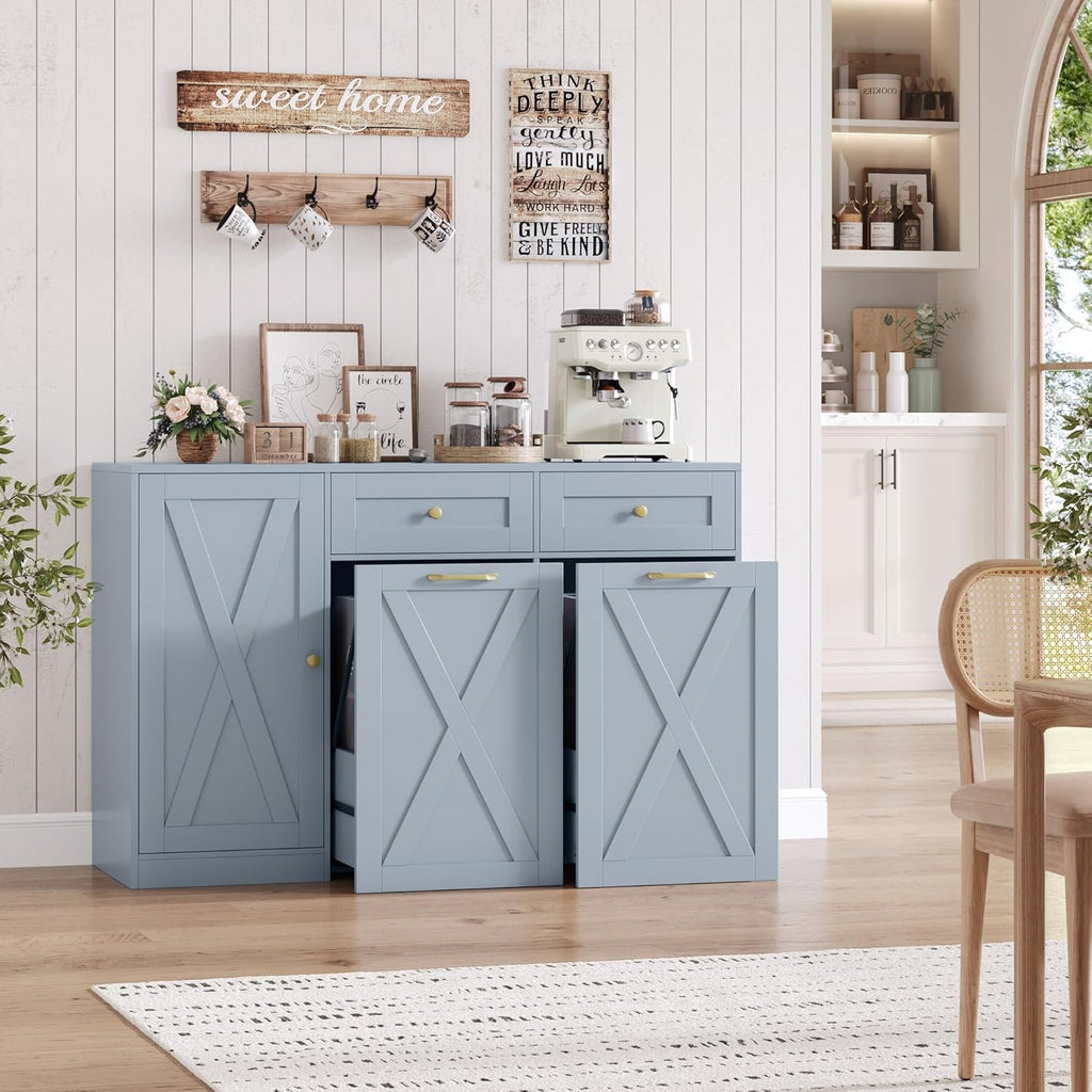 HOSTACK 12.5 Gallon Kitchen Trash Cabinet, 47' Double Trash Can Cabinet, Large Pull Out Can Storage Drawers, Wood Farmhouse Hidden Garbage Storage Buffet for Kitchen, Dining Room, Blue