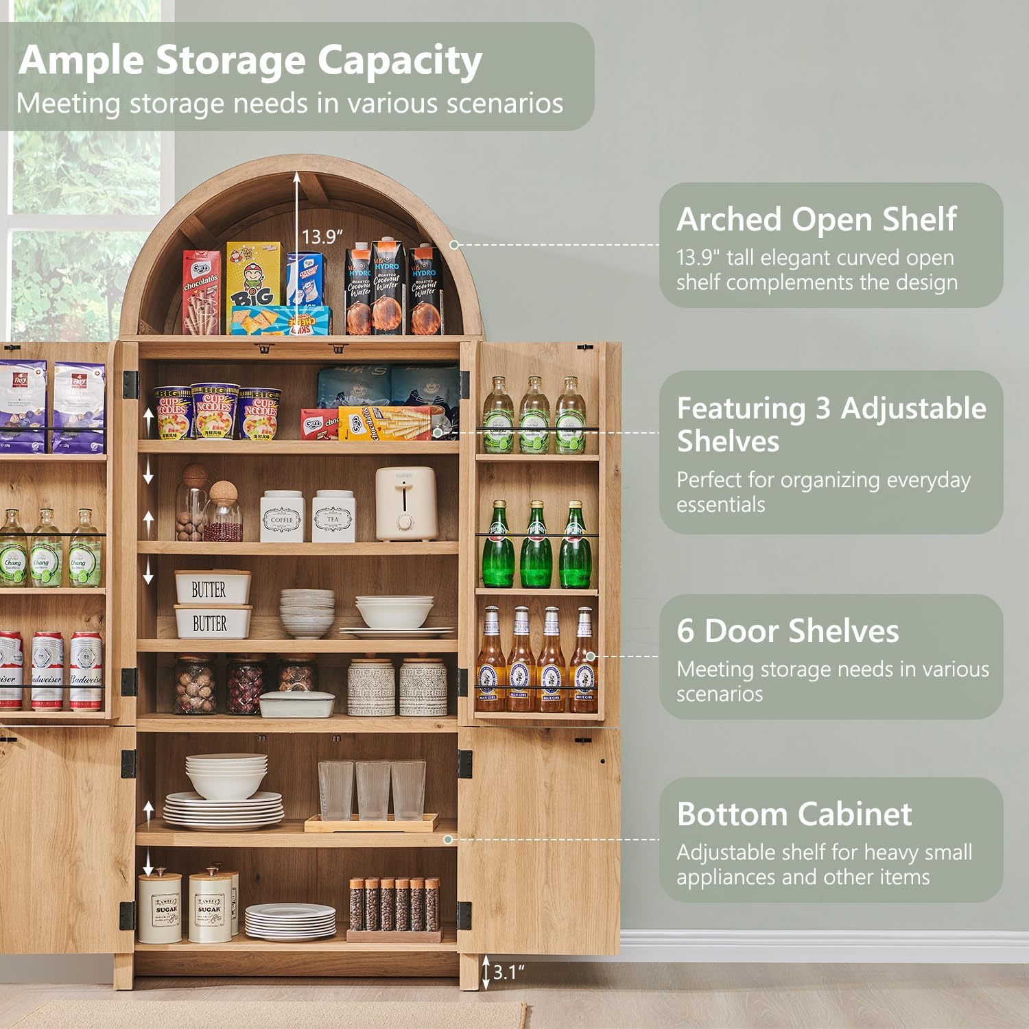 IFBUY 71' Tall Arched Bathroom Storage Cabinet, Modern Fluted Storage Cabinet w/Doors, 3 Adjustable Shelves, 6 Door Shelves, Wood Freestanding Cabinet for Bathroom, Entryway, Hallway, Natural