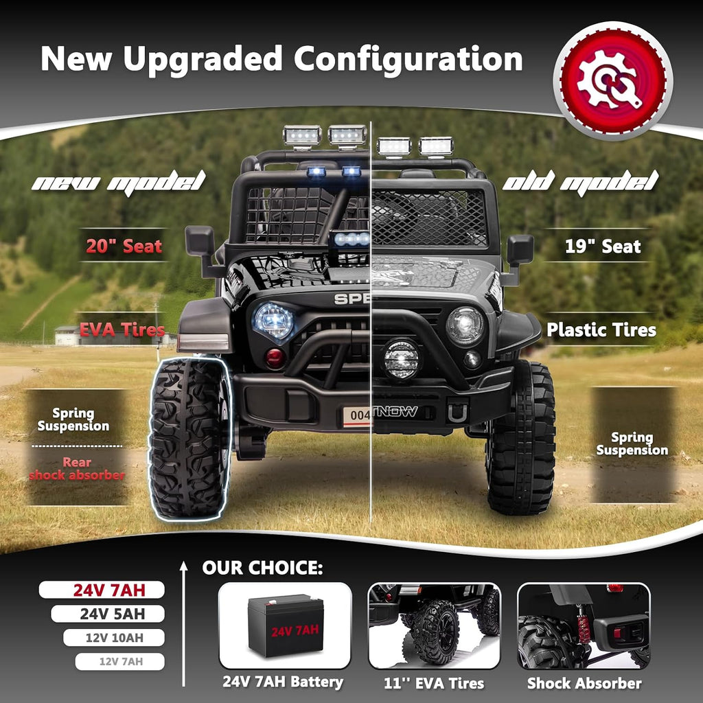 Sopbost 24V 7Ah 2 Seater Ride On Truck Ride On Toy for Big Kids Ride On Car with Remote Control Off-Road Electric Car with Shock Absorber, LED Lights, Bluetooth Music Player, EVA Tires, Black