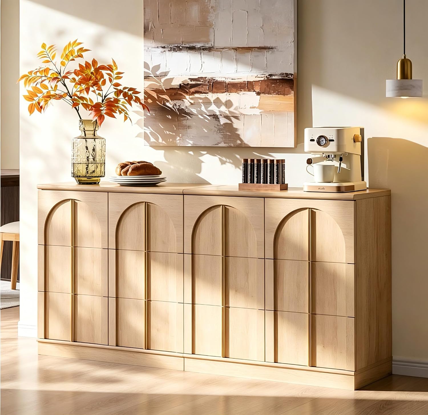 ACCOHOHO 63 Inch Sideboard Buffet Cabinet with Storage & Arched Doors, Wood Coffee Bar Tables with Adjustable Shelf for Living Room, Kitchen, Entryway, Natural Oak