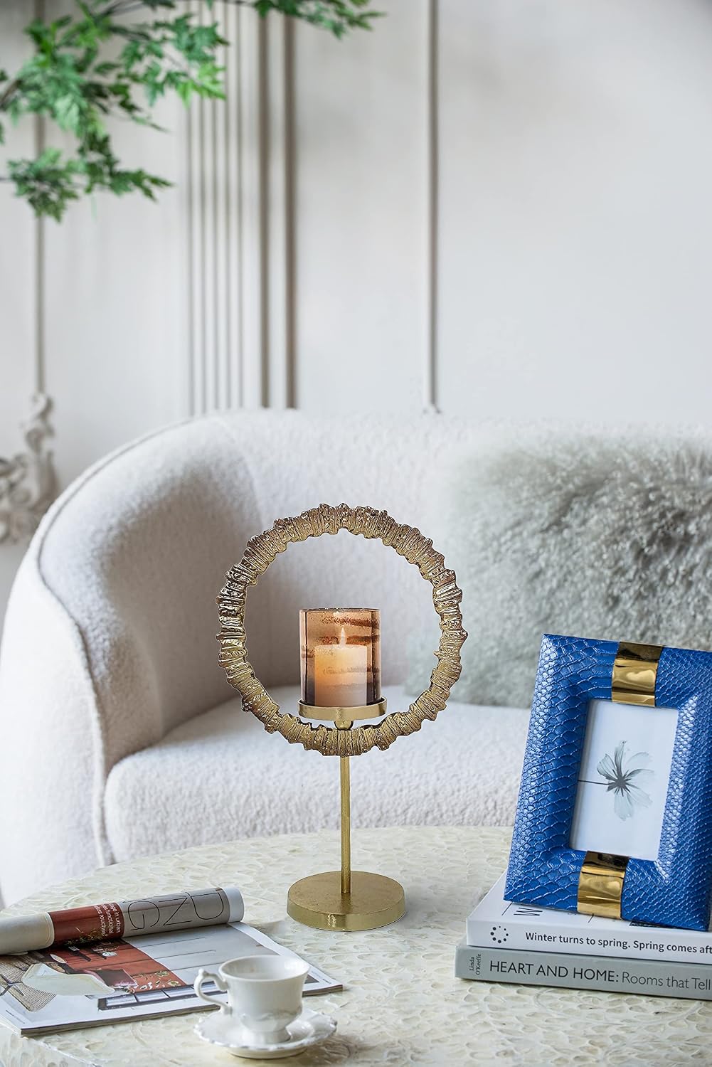 A&B Home Gold Ring Candle Holder - Large Candle Hoder with Glass Hurricane, Decorative Tabletop Lighting, Living Room Coffee Table Accent Piece Dining Table Centerpiece, 12' x 6' x 21'