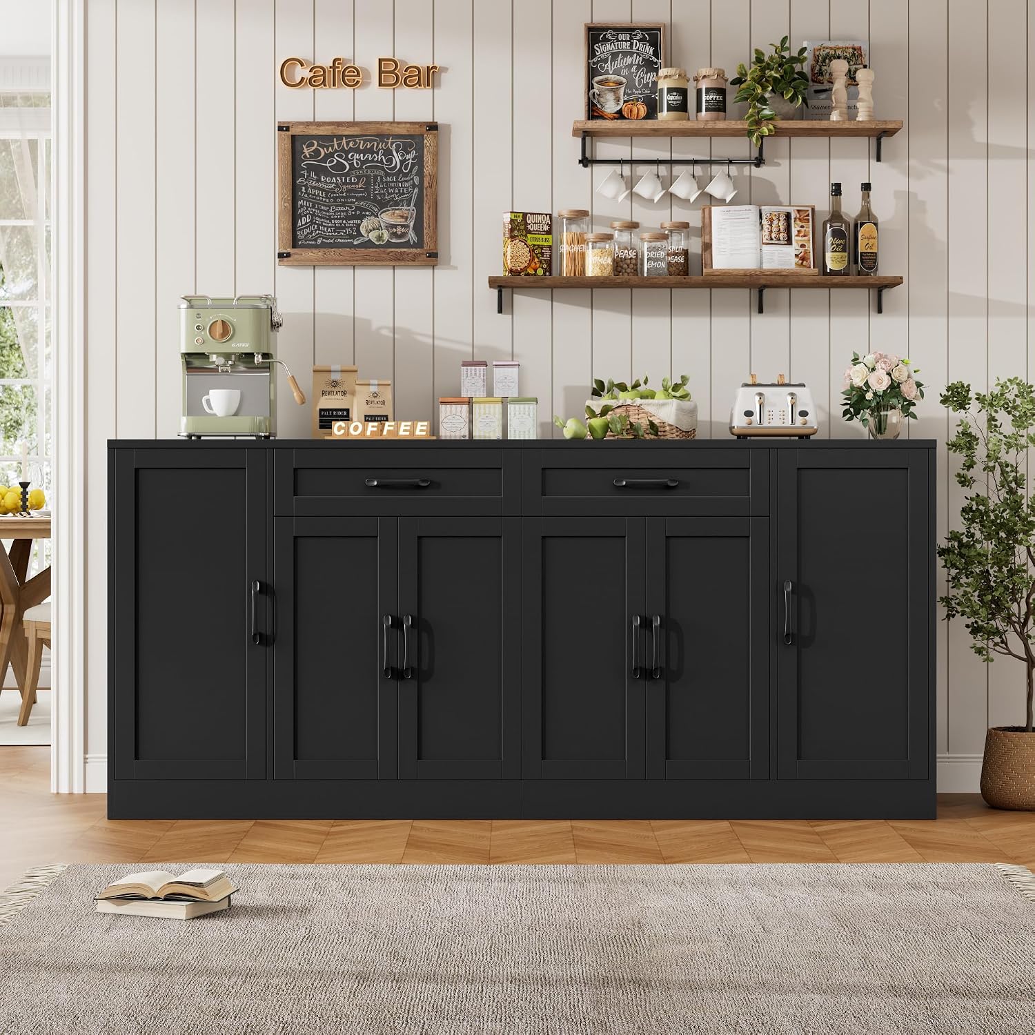 BOTLOG 71' Large Buffet Cabinet with Storage, Sideboard Buffet Cabinet with Adjustable Shelves and 6 Soft-Close Doors, Wood Coffee Bar Console Table for Kitchen, Dining Room, Black