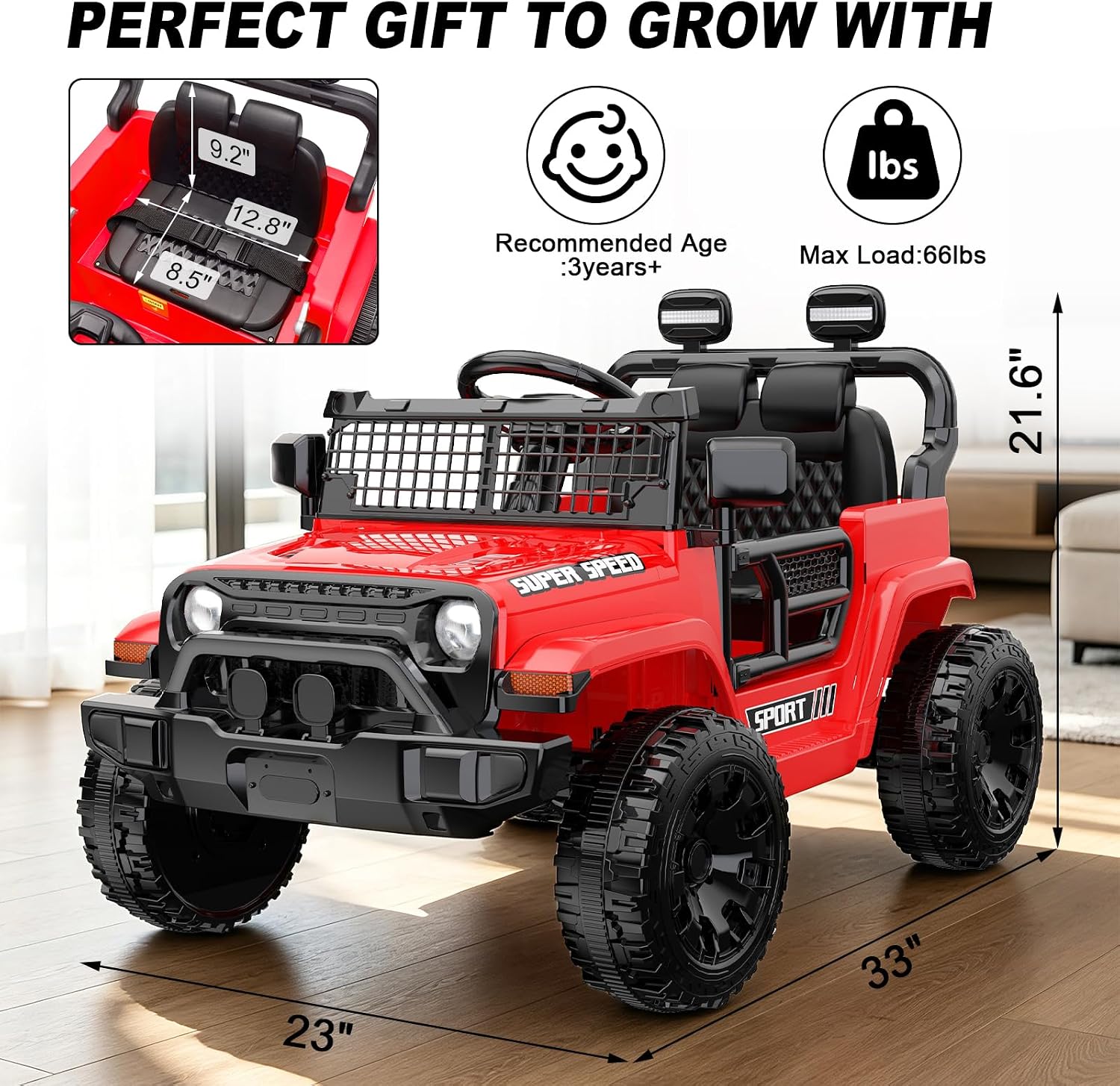 12V Ride on Car with Parent Remote Control, Toddler Electric Car with Spring Suspension, LED Lights & Music Player - Safe Battery Toy for Kids, Christmas & Birthday Gift, Red