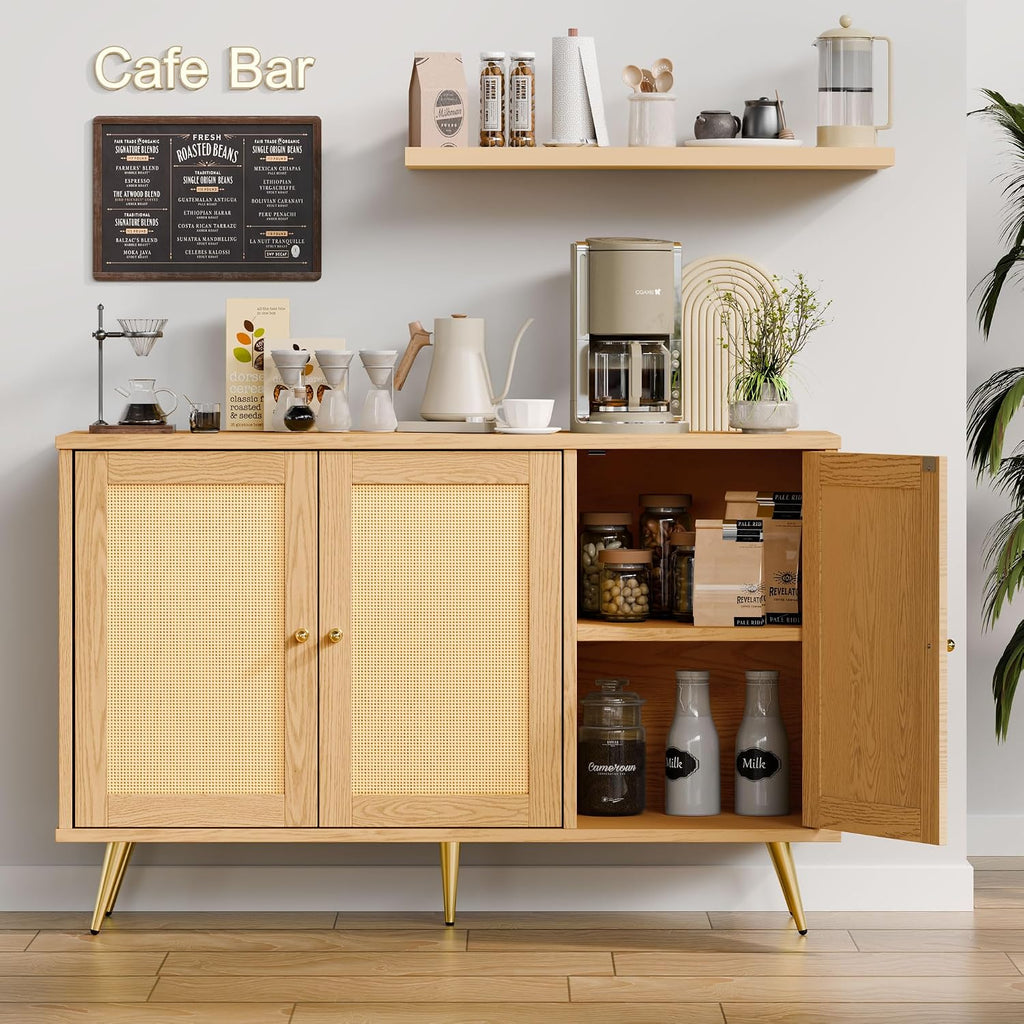 JAMFLY 47.2' Buffet Sideboard Cabinet with Storage, Kitchen Storage with 3 Rattan Decorated Doors, Accent Cabinet for Dining Room, Living Room, Entryway, Hallway, Natural