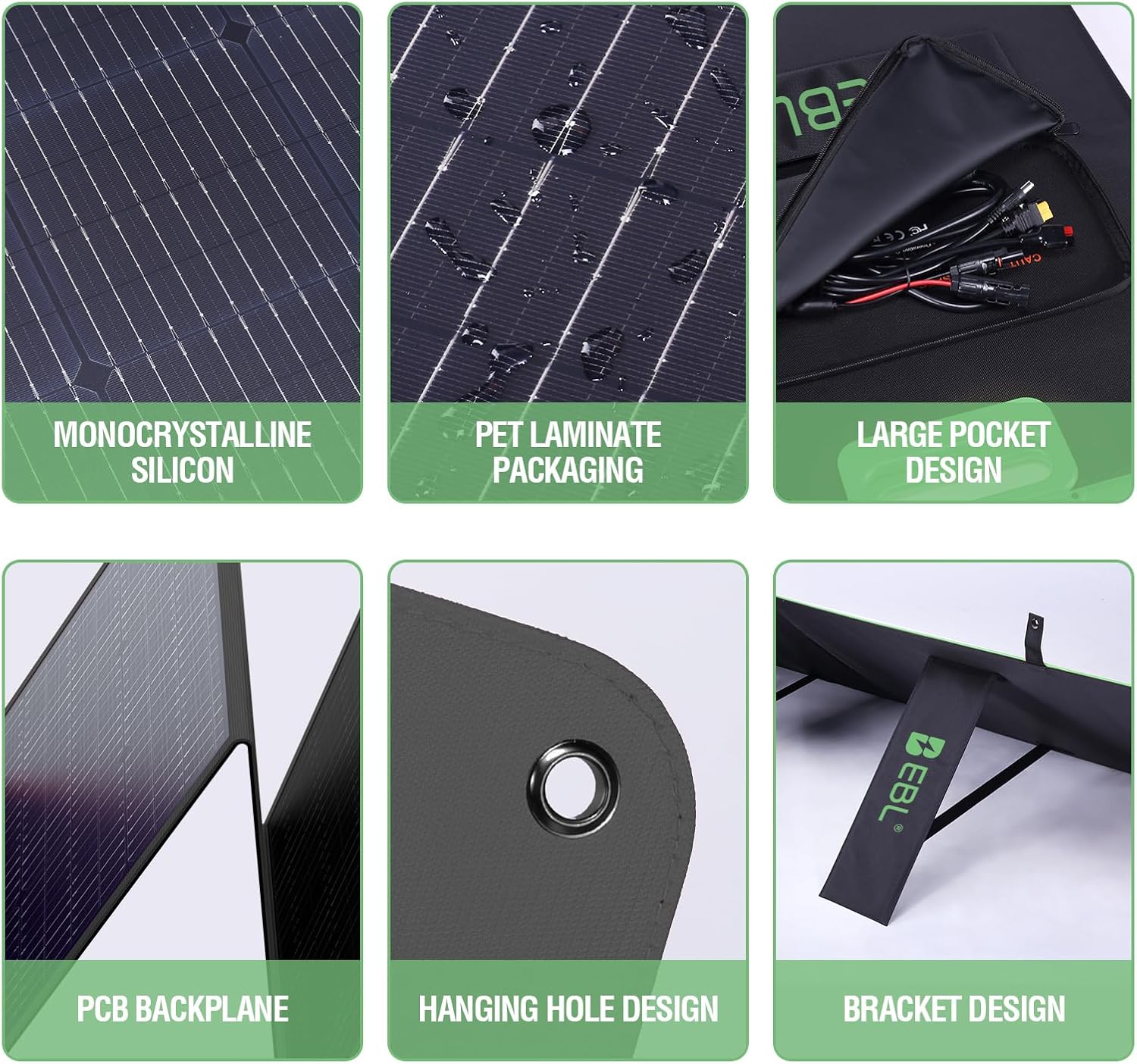 EBL 200W Portable Solar Panel High Efficiency Solar Power Panel for Home, RV, Camping, Marine, Off-Grid Applications, Weatherproof Solar Charging Solution