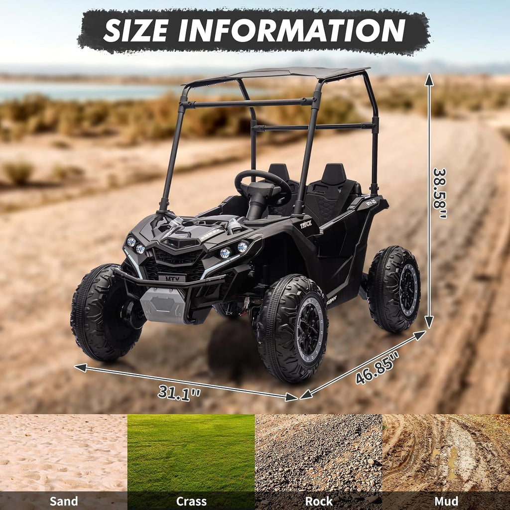 2-Seater Kids Ride On Utv, 24V 4WD Electric Truck with Sun Shade,Remote Control, Adjustable High/Low Speed, Led Lights, 4 Shock Absorbers, One-Button Start, and Music Player,Black