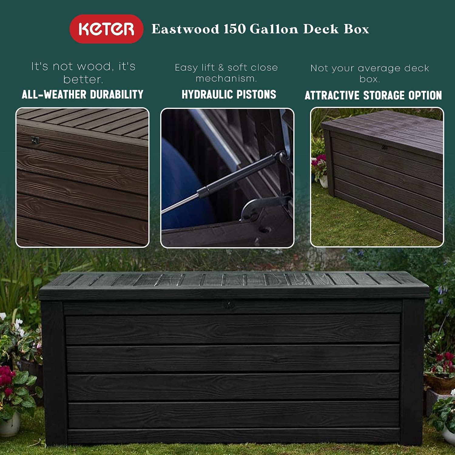 Keter Circa 37 Gal Round Patio Box Storage Table, Seating Bundled with Westwood 150 Gallon Plastic Outdoor Furniture Storage Deck Box, Brown