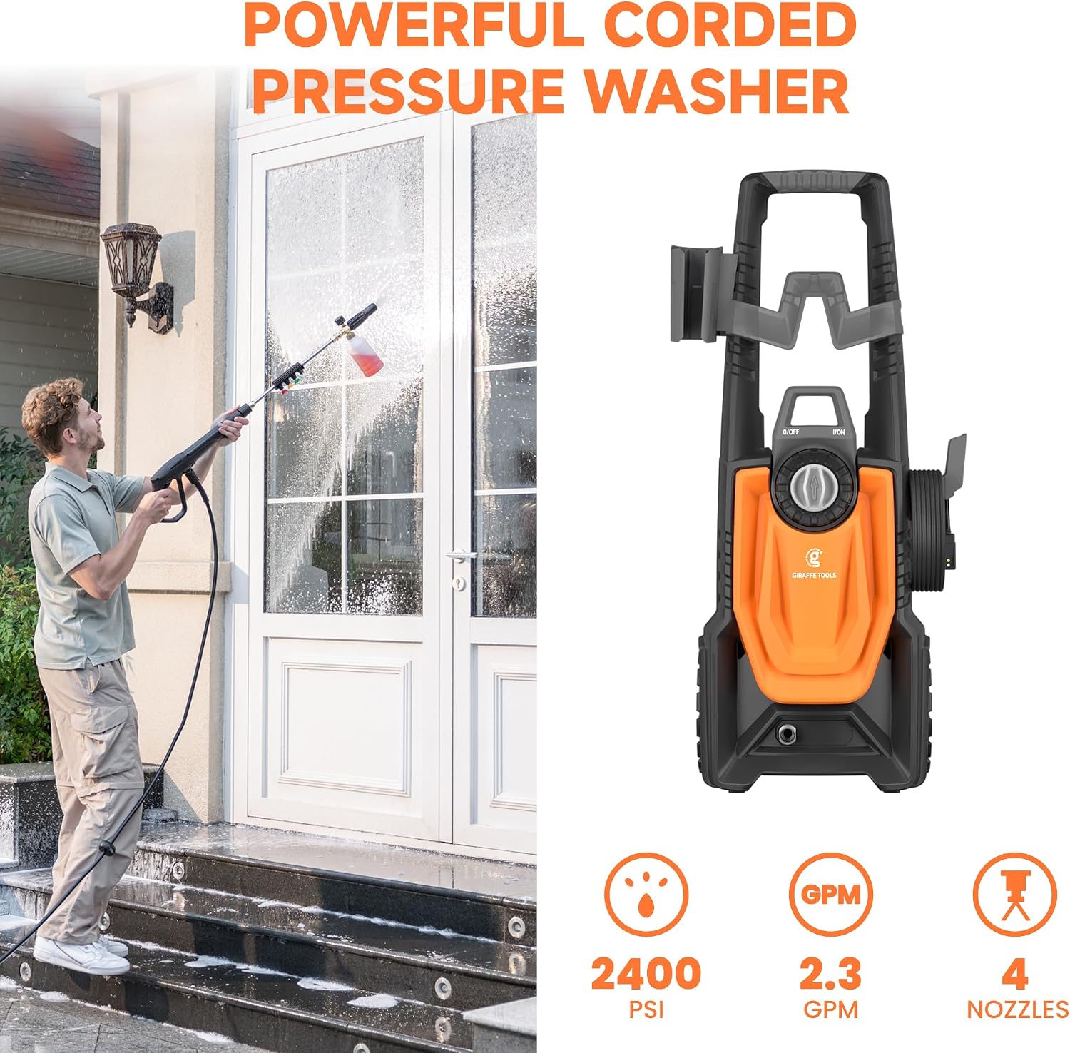 Giraffe Tools Pressure Washer, Max 2400 PSI, 2.3 GPM Electric Power Washer with 4 Quick-Connect Nozzles, Foam Cannon for Cars/Patios/Driveways/Fences, 35 ft