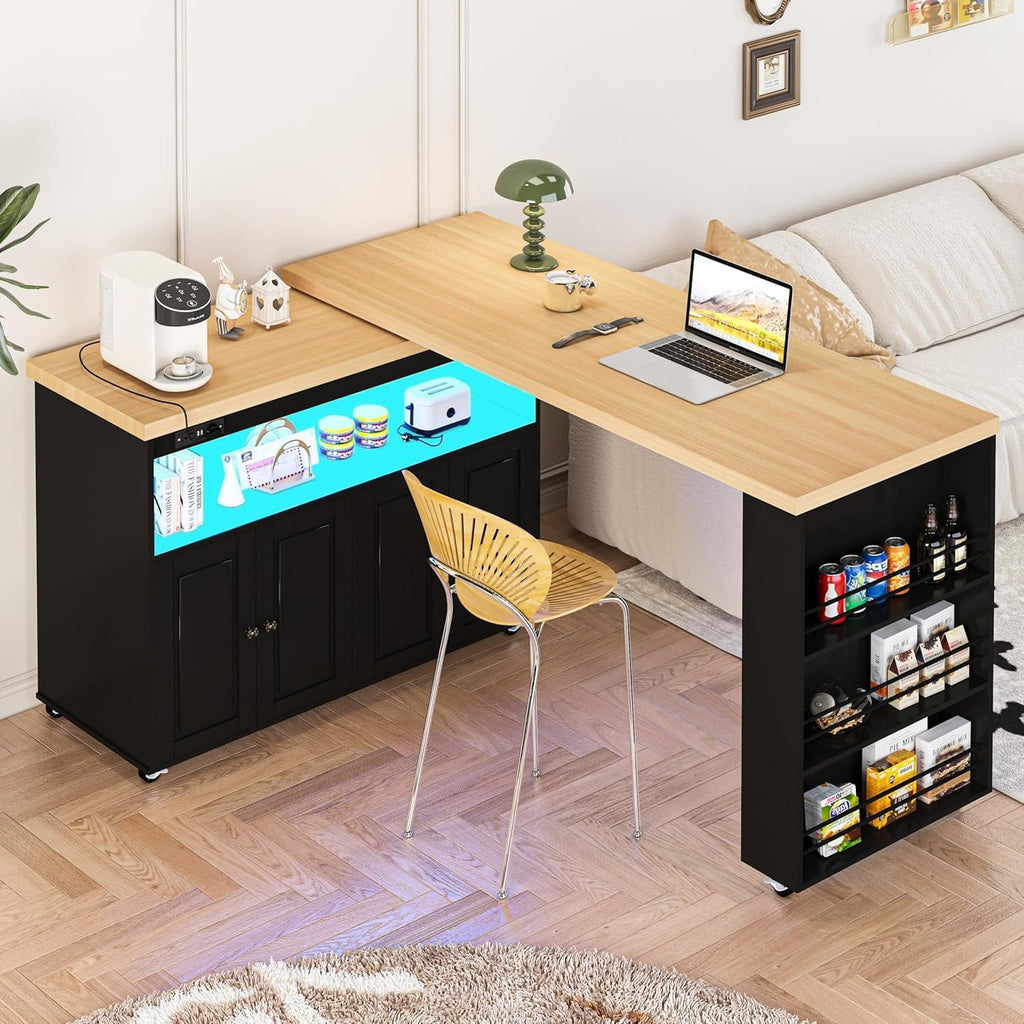84' Kitchen Island with Swivel Table, Mobile Kitchen Island on Wheels with Storage Cabinet and LED Light, Rolling Kitchen Island with Power Outlet, Spice Rack, Black