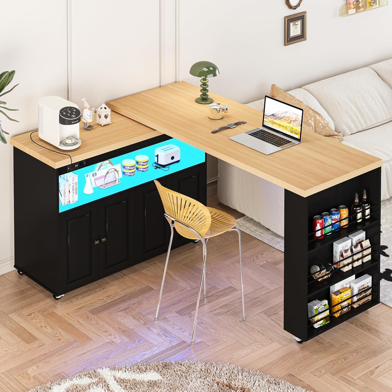 84' Kitchen Island with Swivel Table, Mobile Kitchen Island on Wheels with Storage Cabinet and LED Light, Rolling Kitchen Island with Power Outlet, Spice Rack, Black