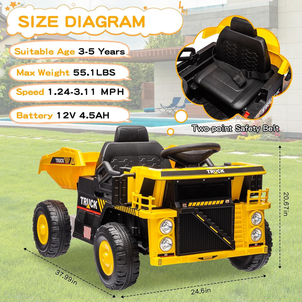 Ride on Dump Truck, 12v Ride on Construction Car for Kids with Remote Control,Electric Dump Bed and Extra Shovel, Construction Truck,Music Player, LED Lights for Toddlers-Yellow