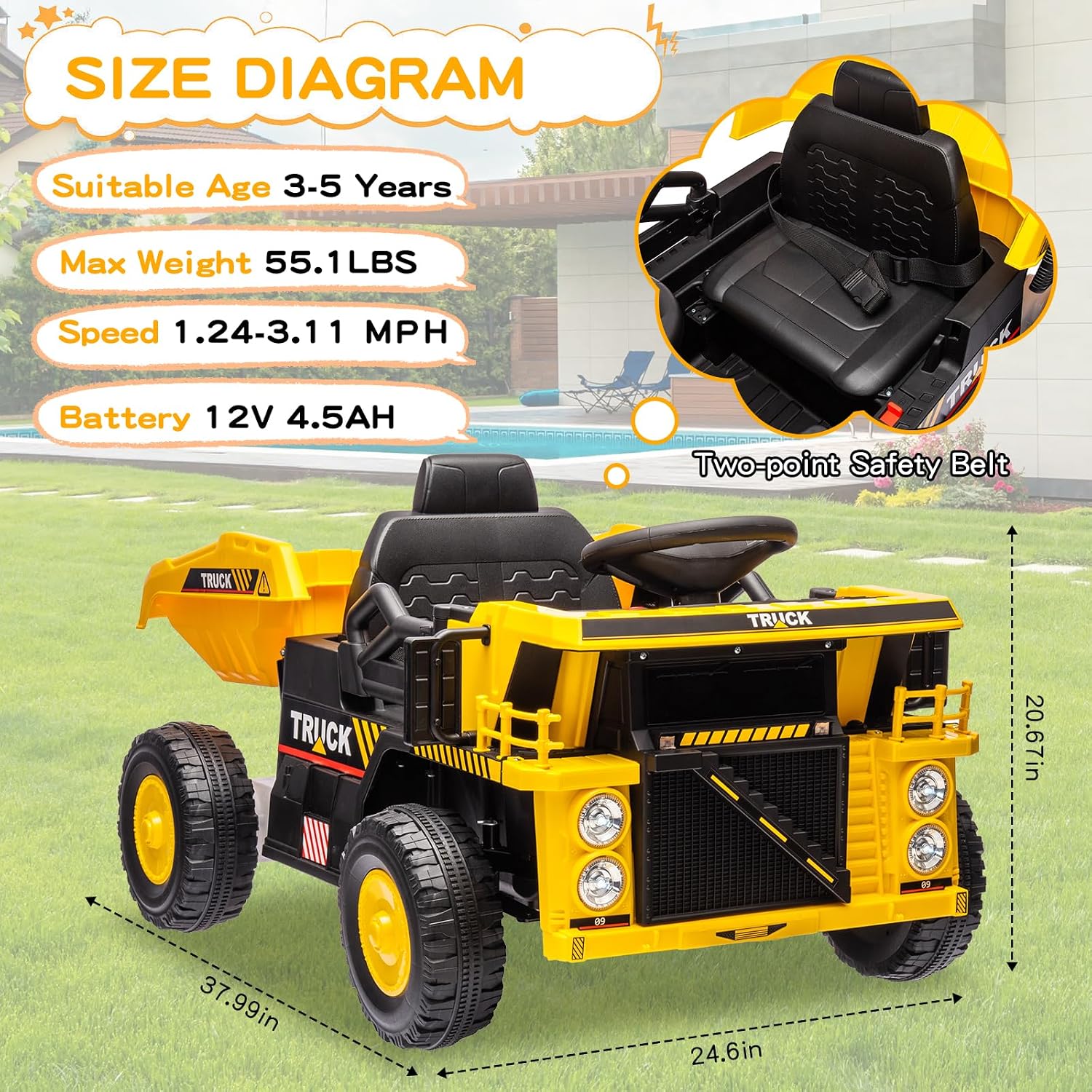 Ride on Dump Truck, 12v Ride on Construction Car for Kids with Remote Control,Electric Dump Bed and Extra Shovel, Construction Truck,Music Player, LED Lights for Toddlers-Yellow